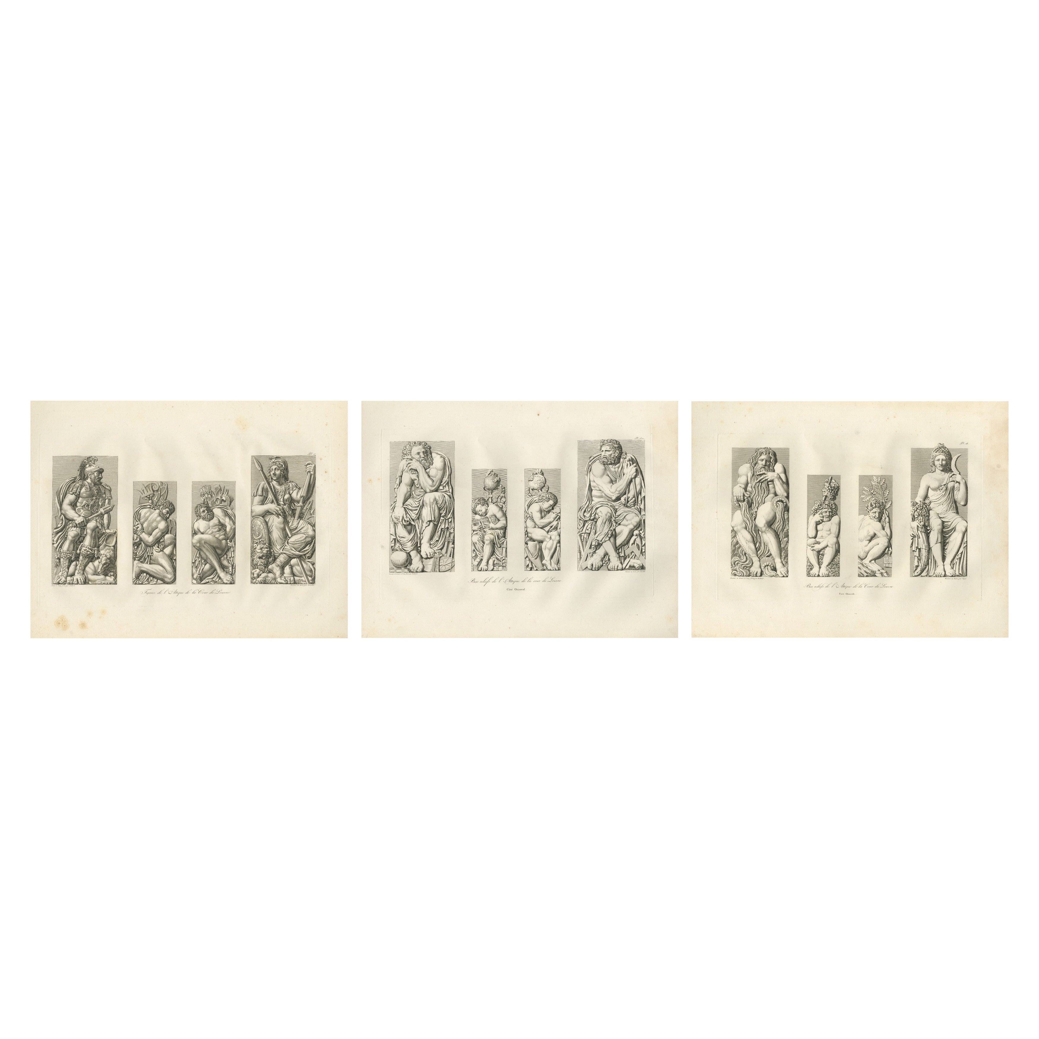 Antique French Architectural Sculpture Engravings Set of 3, Louvre Reliefs. 1803