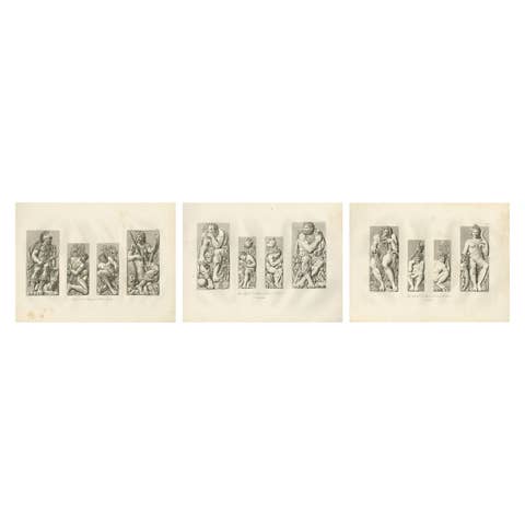 Antique French Architectural Sculpture Engravings Set of 3, Louvre Reliefs. 1803
