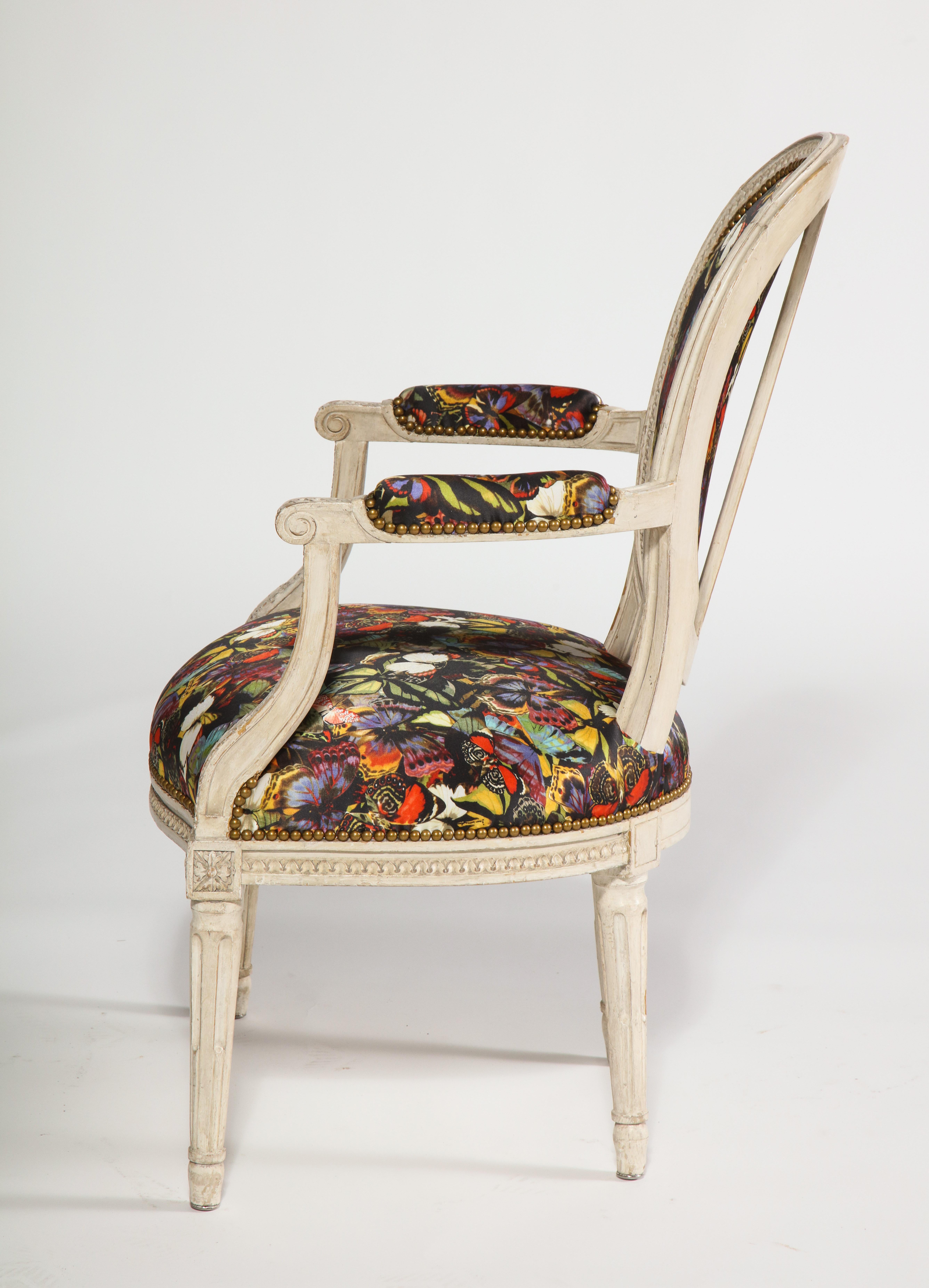 Antique French Armchairs in Valentino Butterfly Silk, Pair For Sale 13