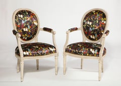 Antique French Armchairs in Valentino Butterfly Silk, Pair