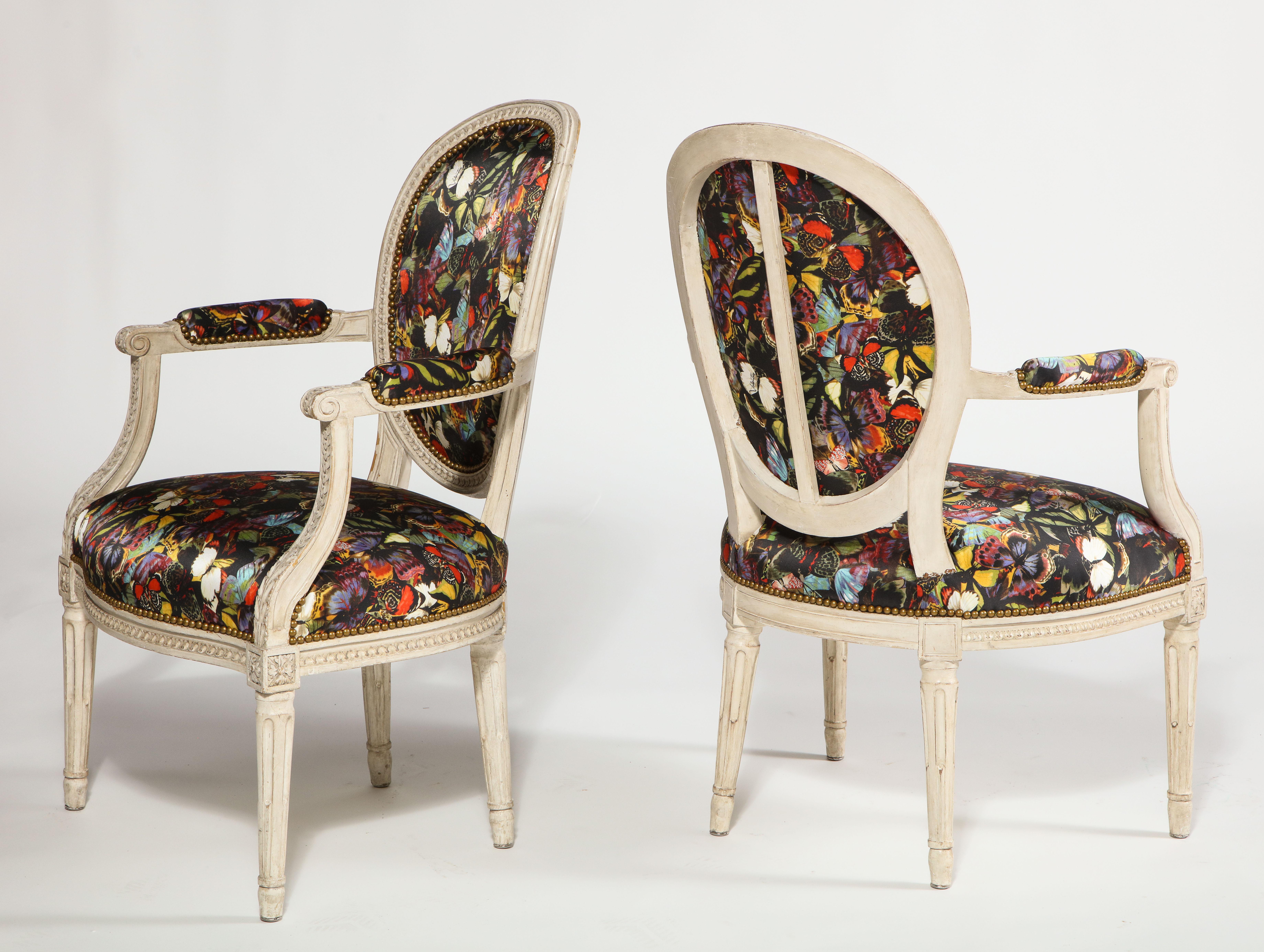 19th Century Antique French Armchairs in Valentino Butterfly Silk, Pair For Sale