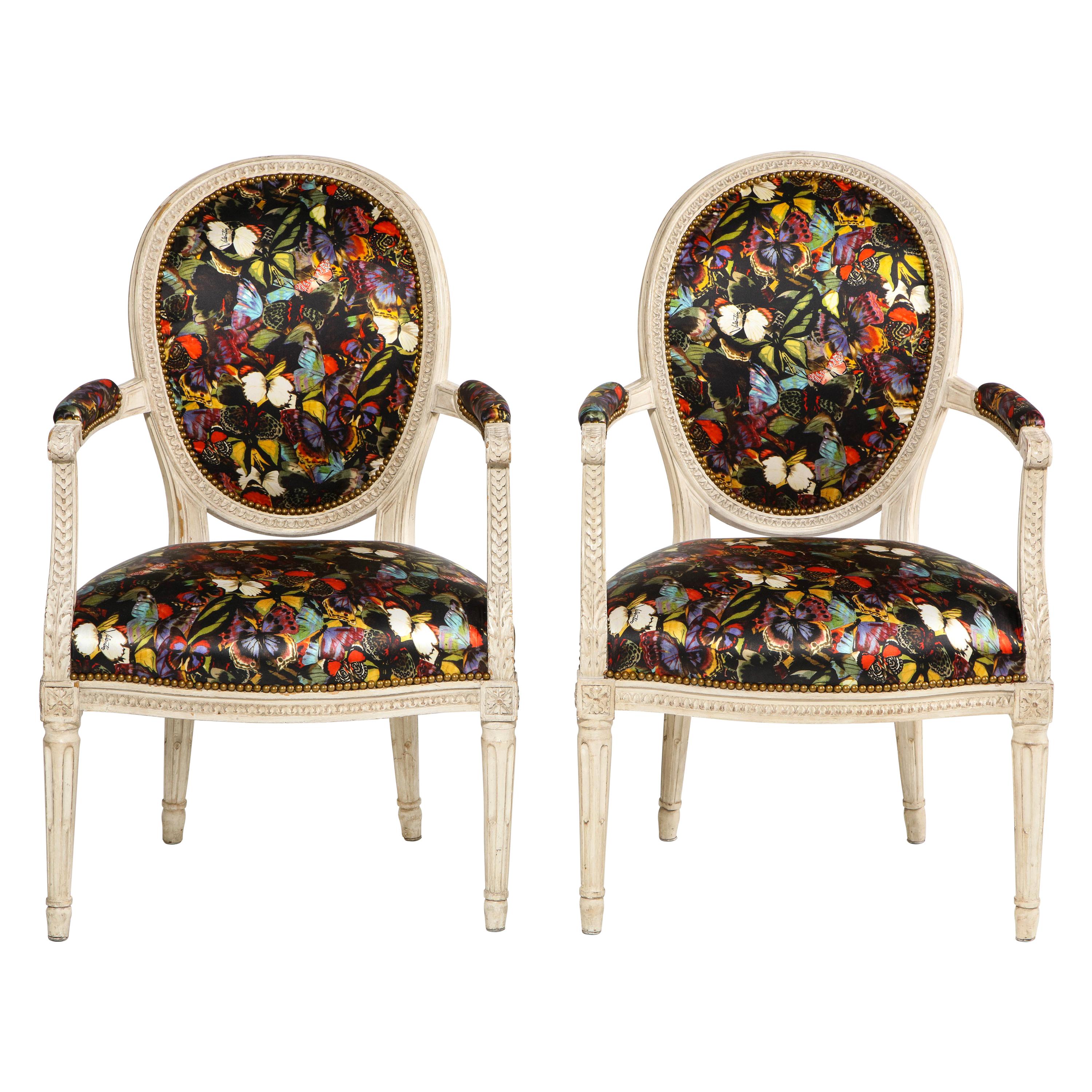 Antique French Armchairs in Valentino Butterfly Silk, Pair For Sale