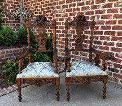 Antique French Arm Chairs Pair Cherubs Angels Carved Walnut Blue Upholstery