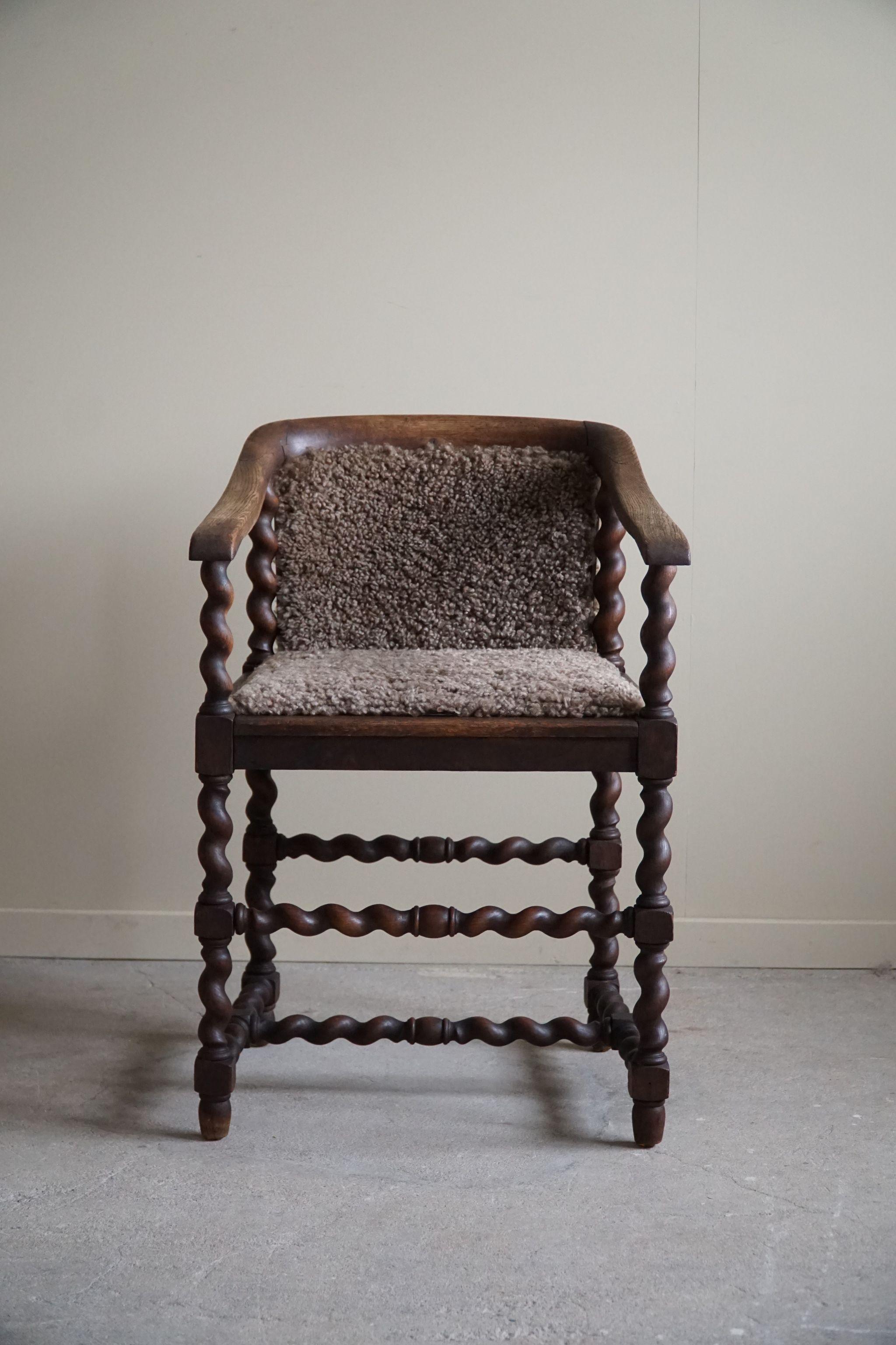 Antique French Armchair, Barley Twisted, Reupholstered in Lambswool, 19th C For Sale 12