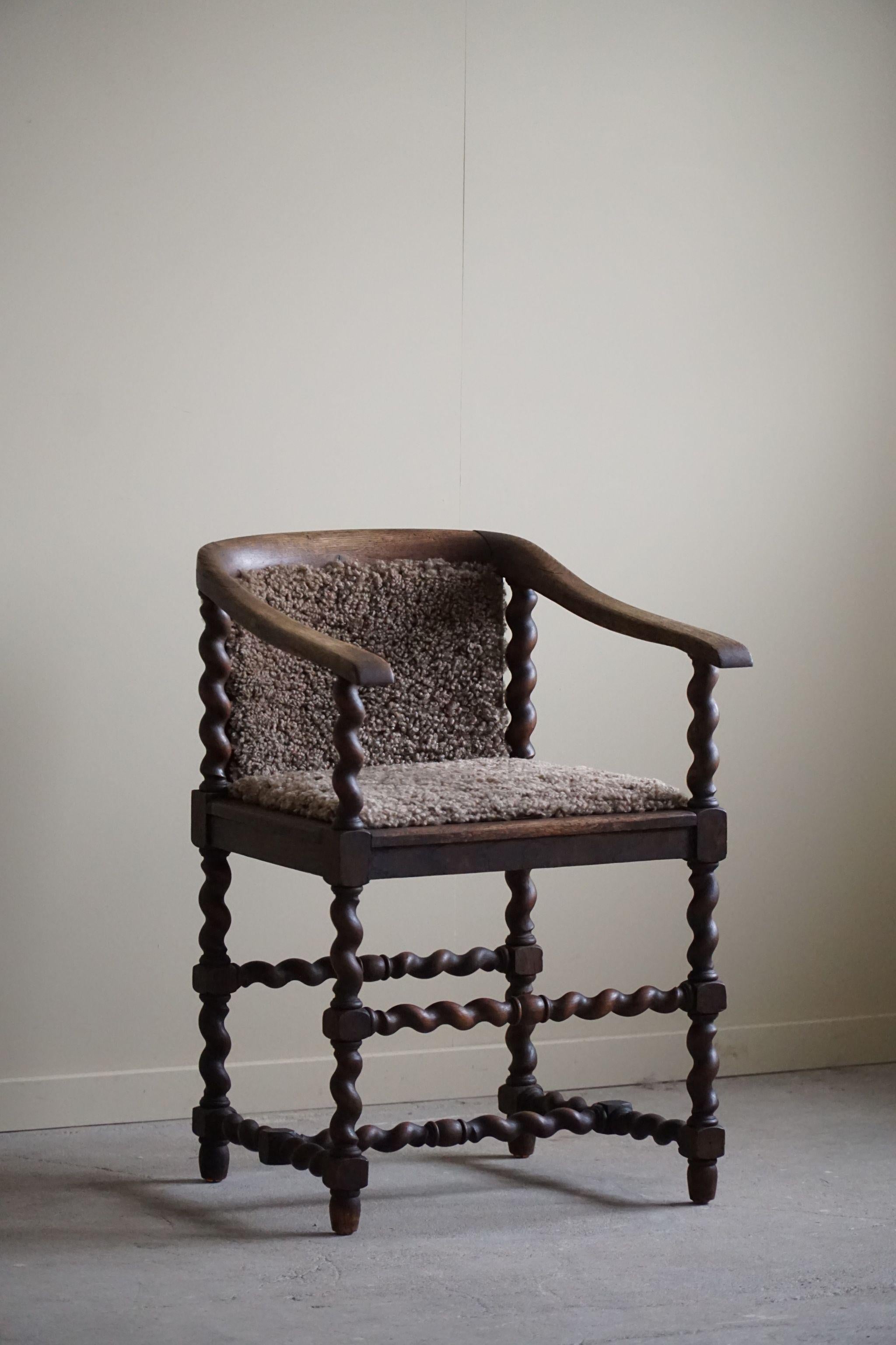 19th Century Antique French Armchair, Barley Twisted, Reupholstered in Lambswool, 19th C For Sale