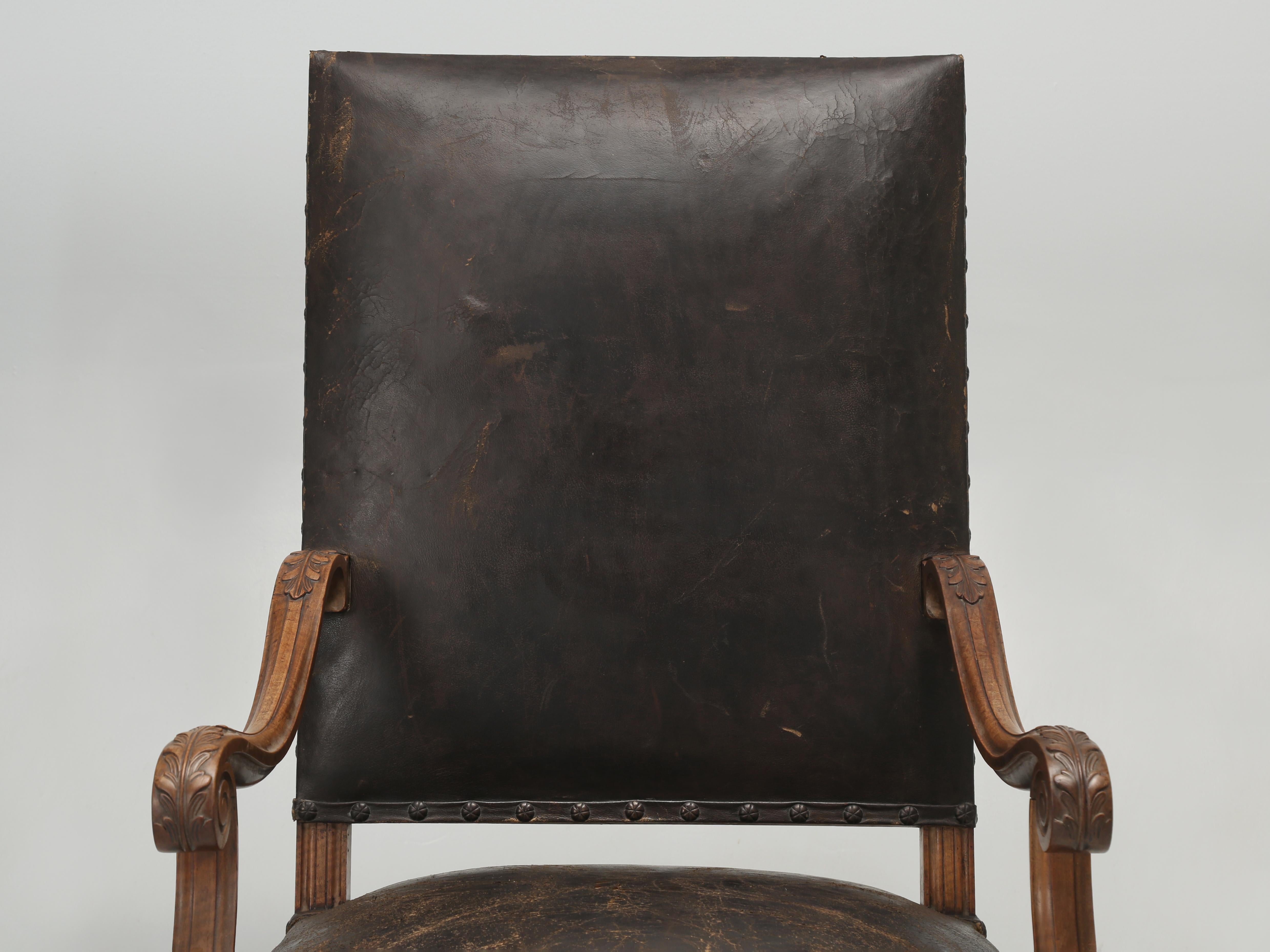 Hand-Carved Antique French Armchairs in Figured Walnut, His and Her Pair in Original Leather For Sale