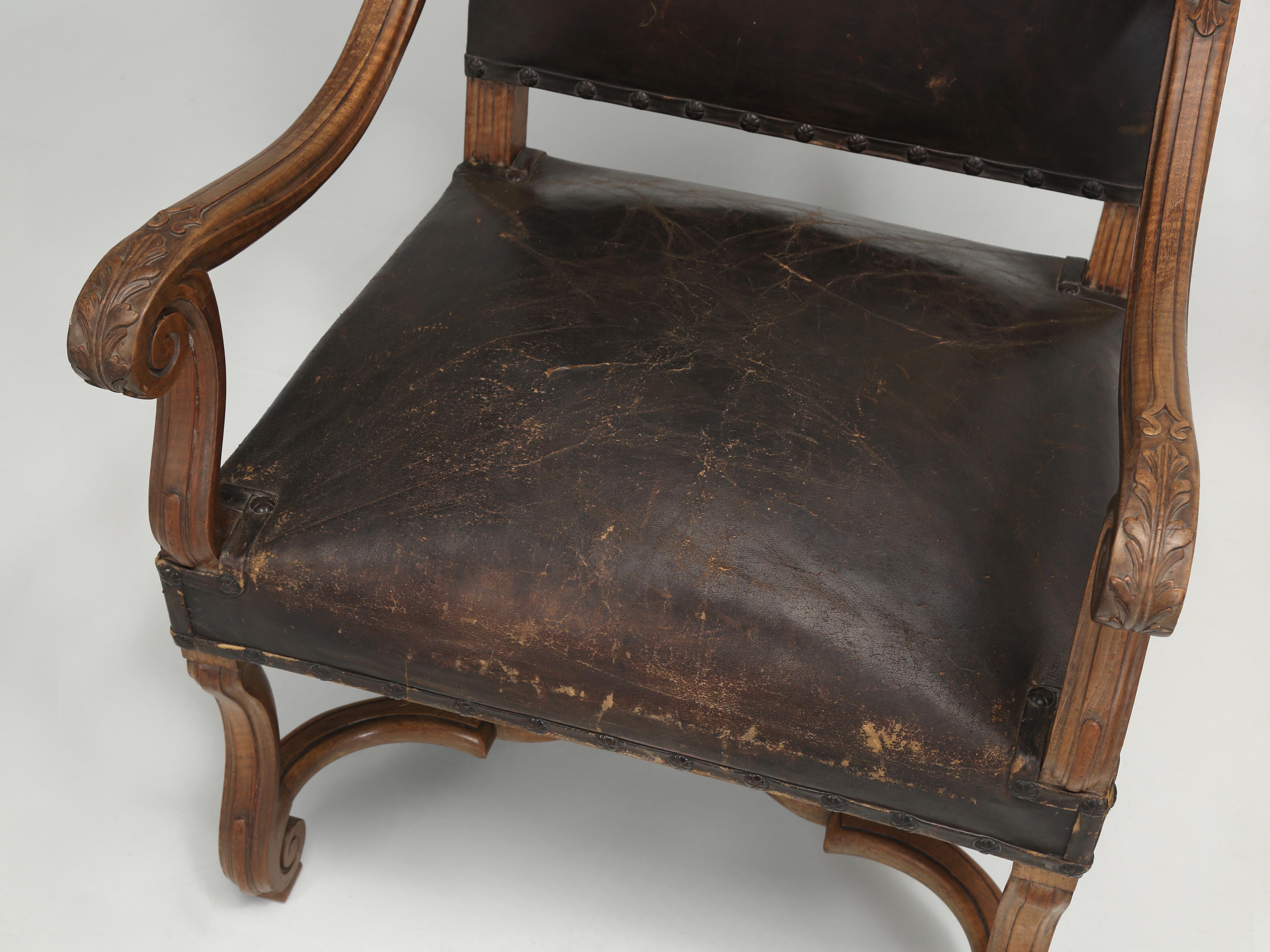 Antique French Armchairs in Figured Walnut, His and Her Pair in Original Leather In Good Condition For Sale In Chicago, IL
