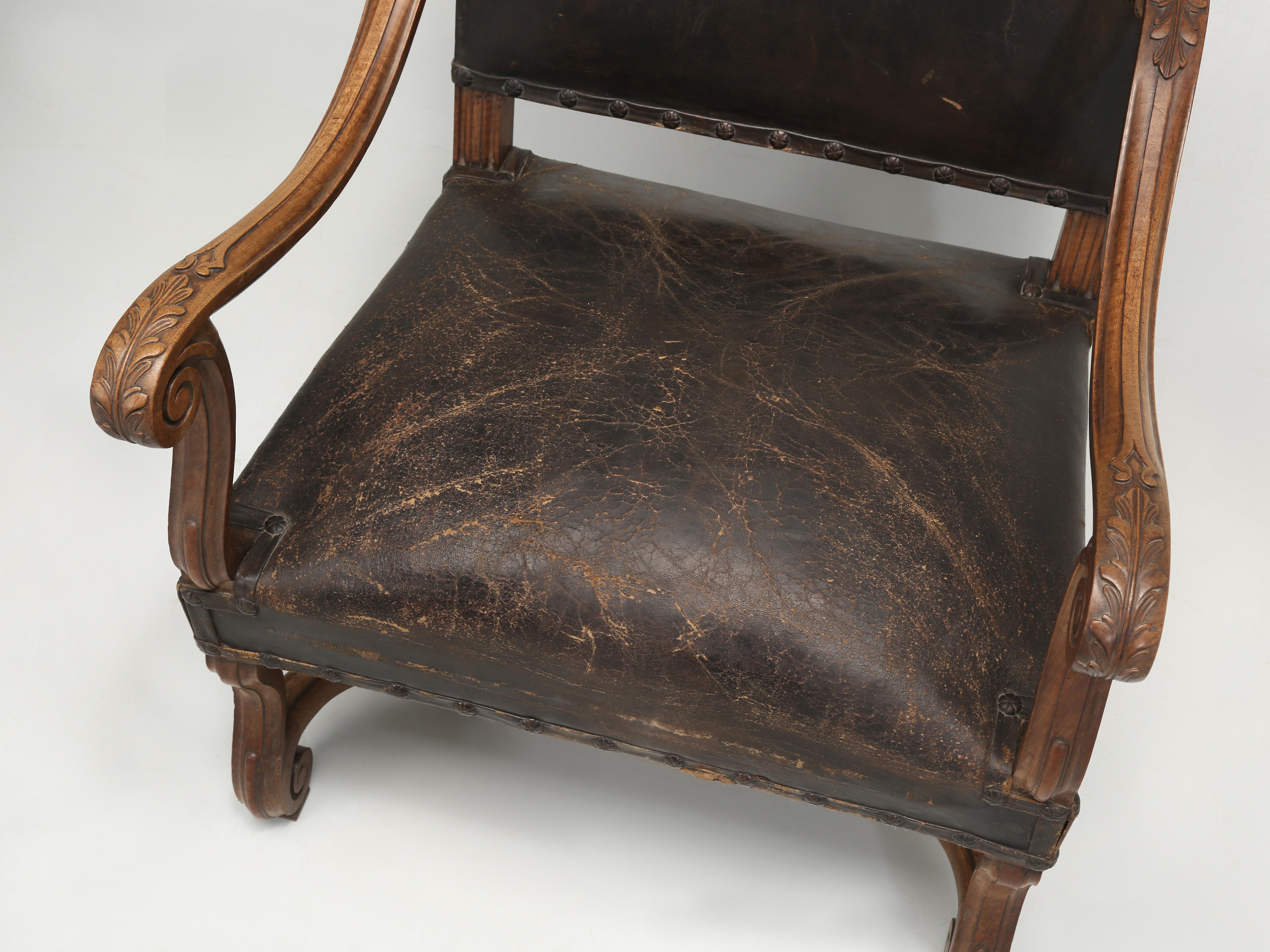 Late 19th Century Antique French Armchairs in Figured Walnut, His and Her Pair in Original Leather For Sale
