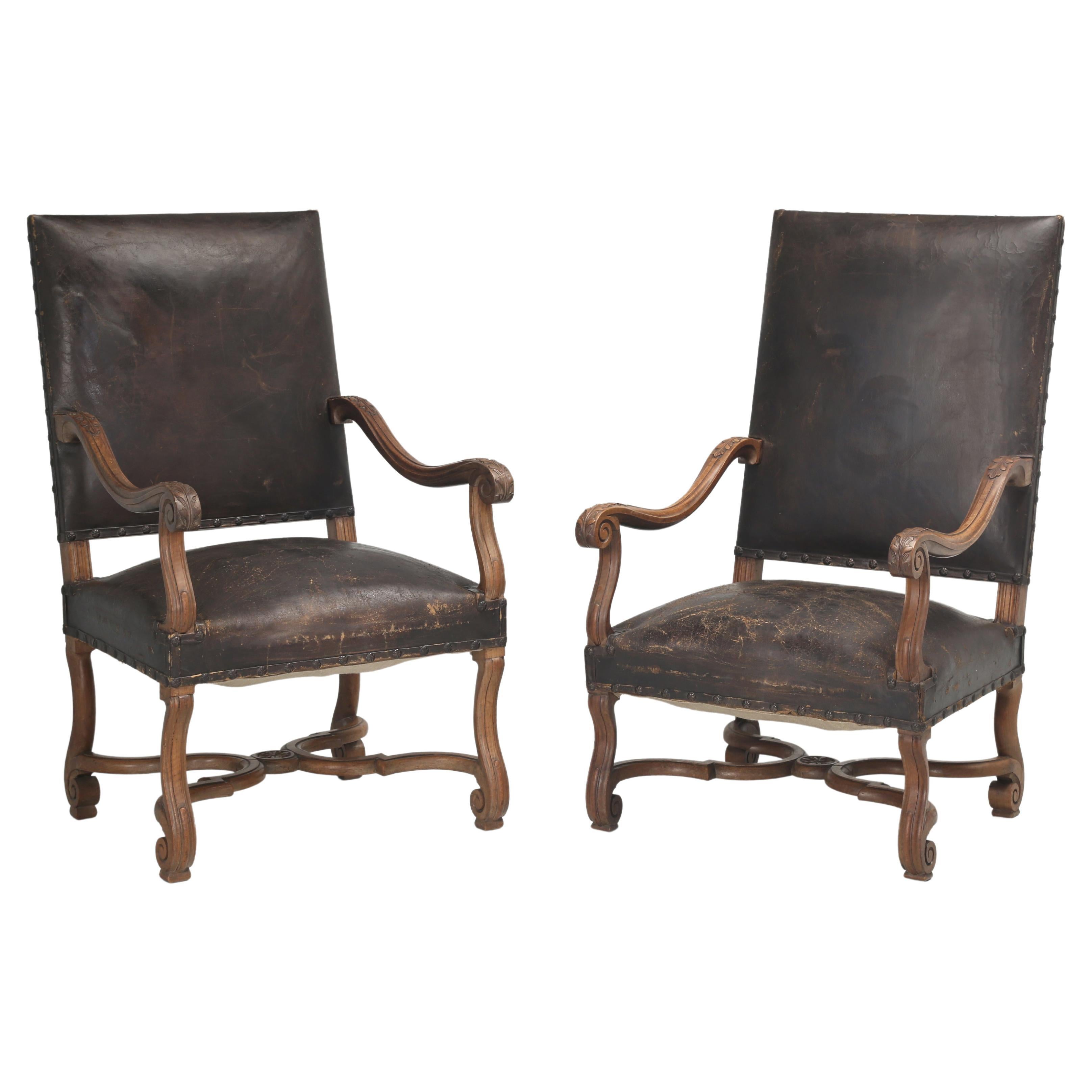 Antique French Armchairs in Figured Walnut, His and Her Pair in Original Leather For Sale