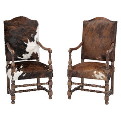 Antique French Armchairs Properly Restored with Fur on Hide Cow Hides c1920's