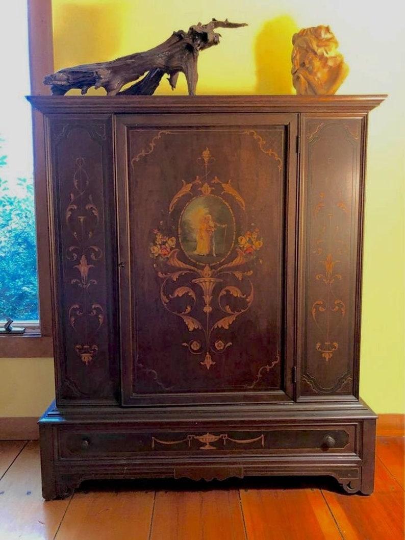  Hand Painted Armoire Victorian Wardrobe Antique French Armoire In Good Condition In East Hampton, NY