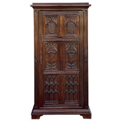Antique French Armoire Linen Cabinet Wardrobe Chest Gothic Revival Oak c. 1890s