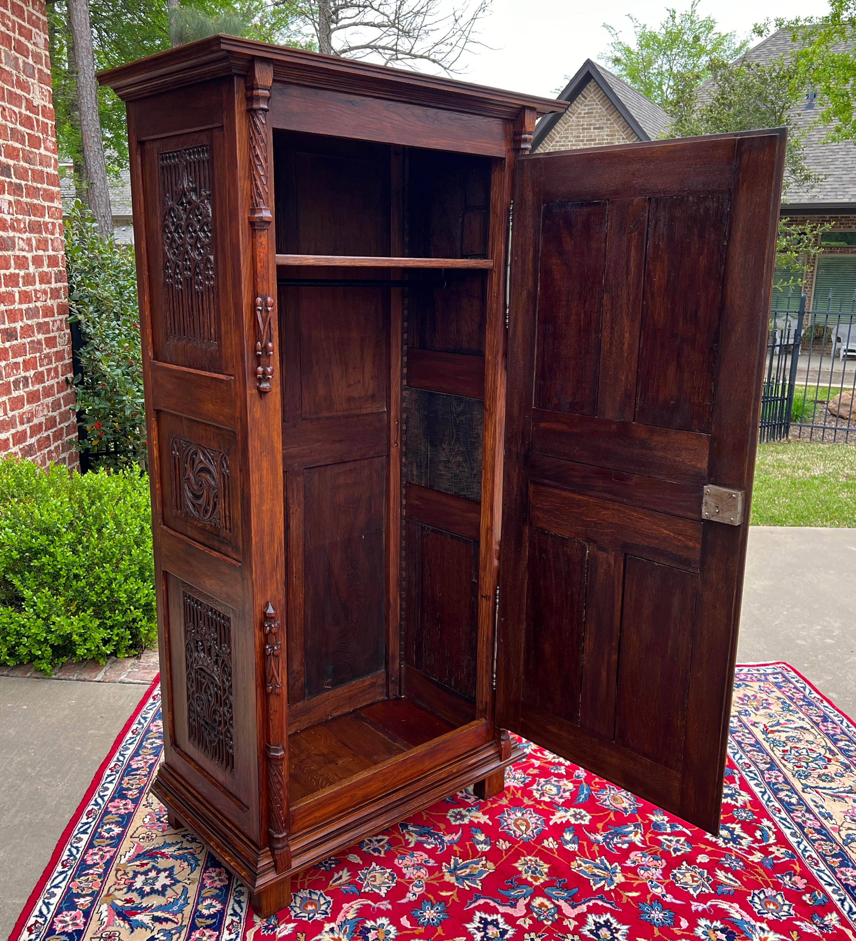 Antique French Armoire Wardrobe Cabinet Linen Closet Gothic Revival Oak c. 1880s 6