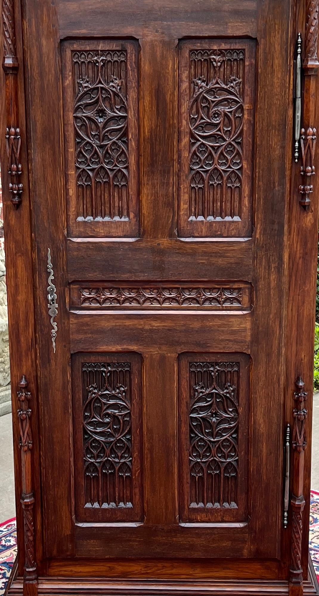 Antique French Armoire Wardrobe Cabinet Linen Closet Gothic Revival Oak c. 1880s 9