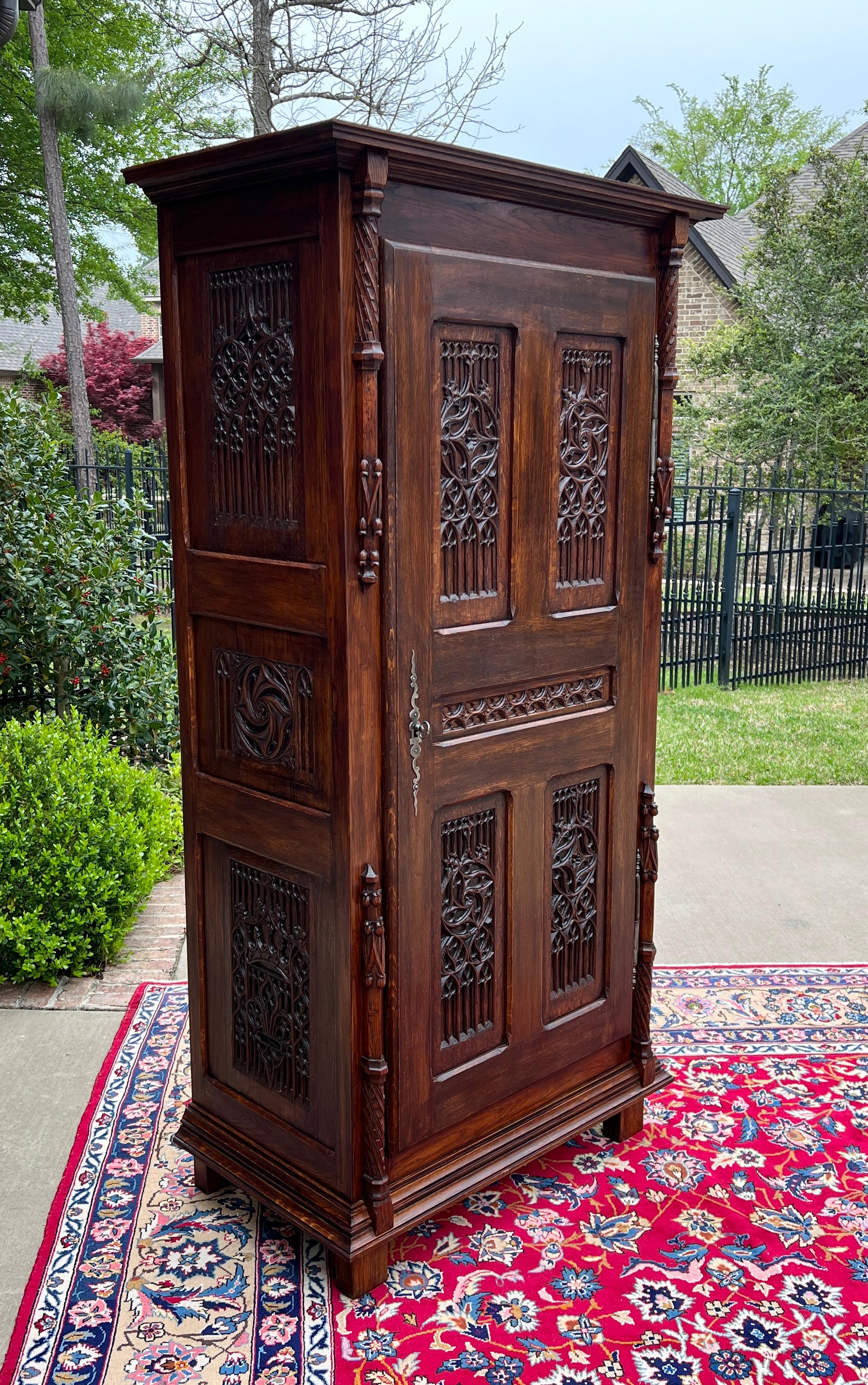Carved Antique French Armoire Wardrobe Cabinet Linen Closet Gothic Revival Oak c. 1880s