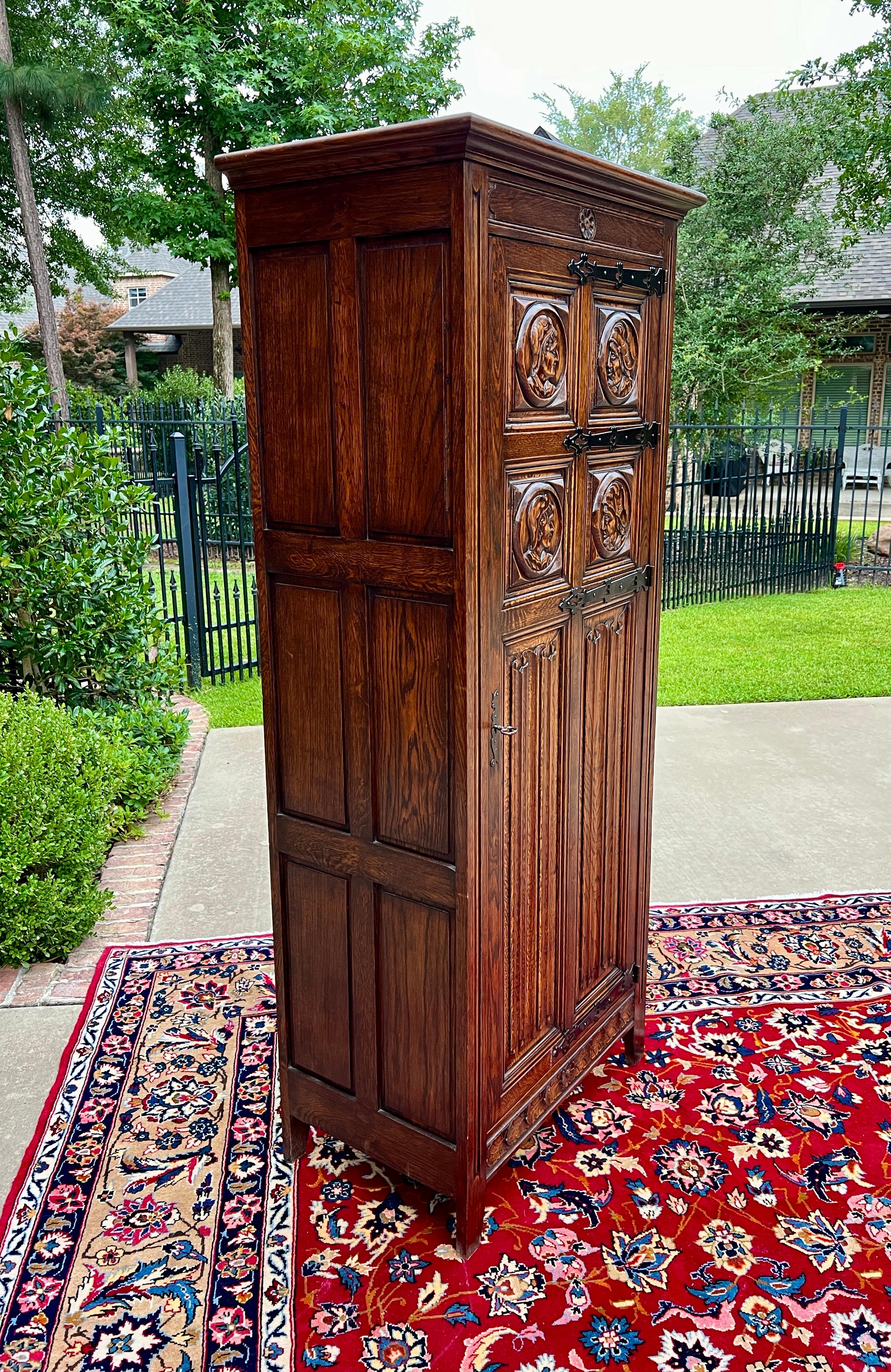 Antique French Armoire Wardrobe Cabinet Linen Closet Gothic Revival Oak c. 1920s 3