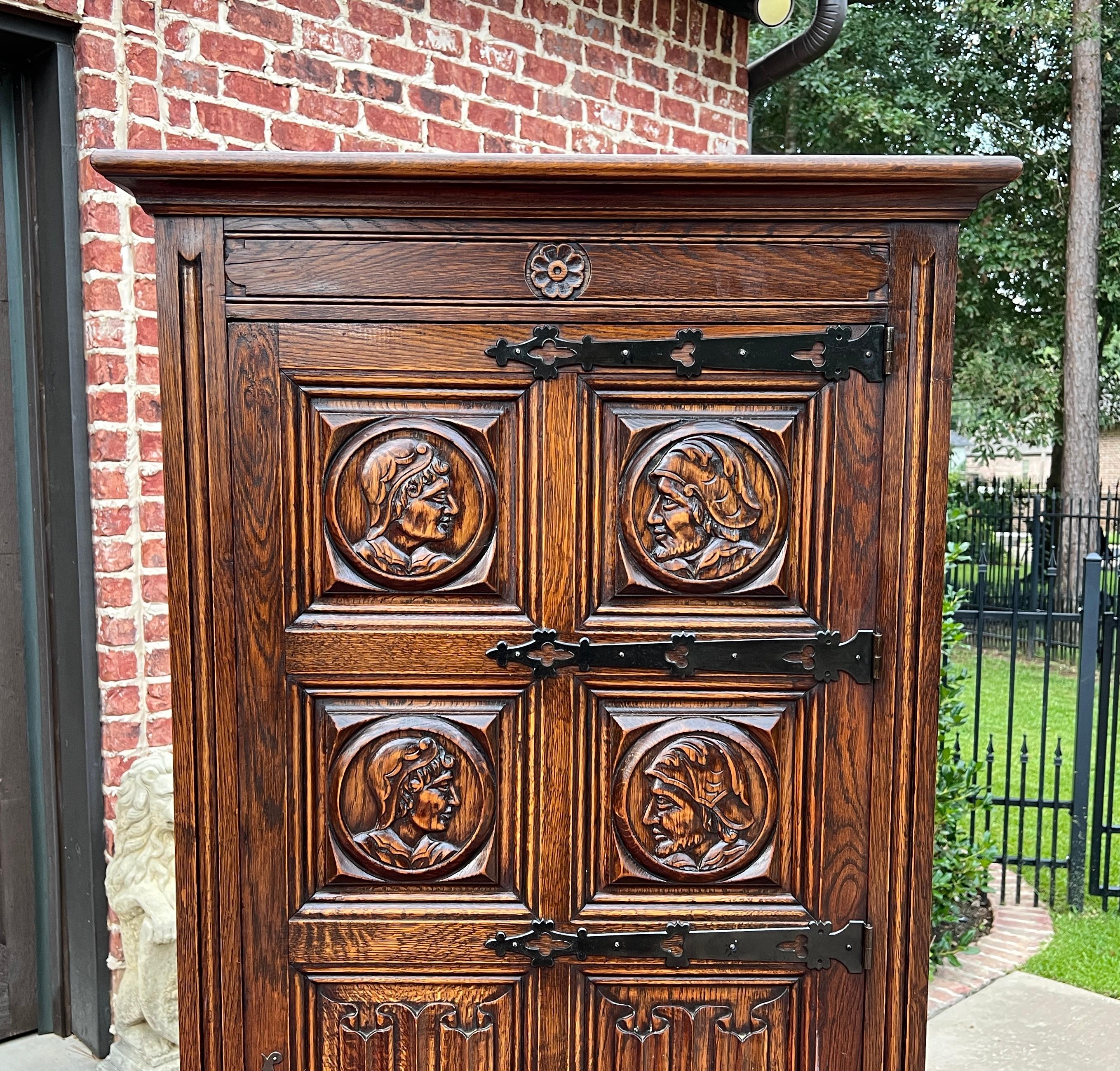 Antique French Armoire Wardrobe Cabinet Linen Closet Gothic Revival Oak c. 1920s 11