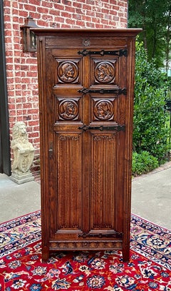 Antique French Armoire Wardrobe Cabinet Linen Closet Gothic Revival Oak c. 1920s