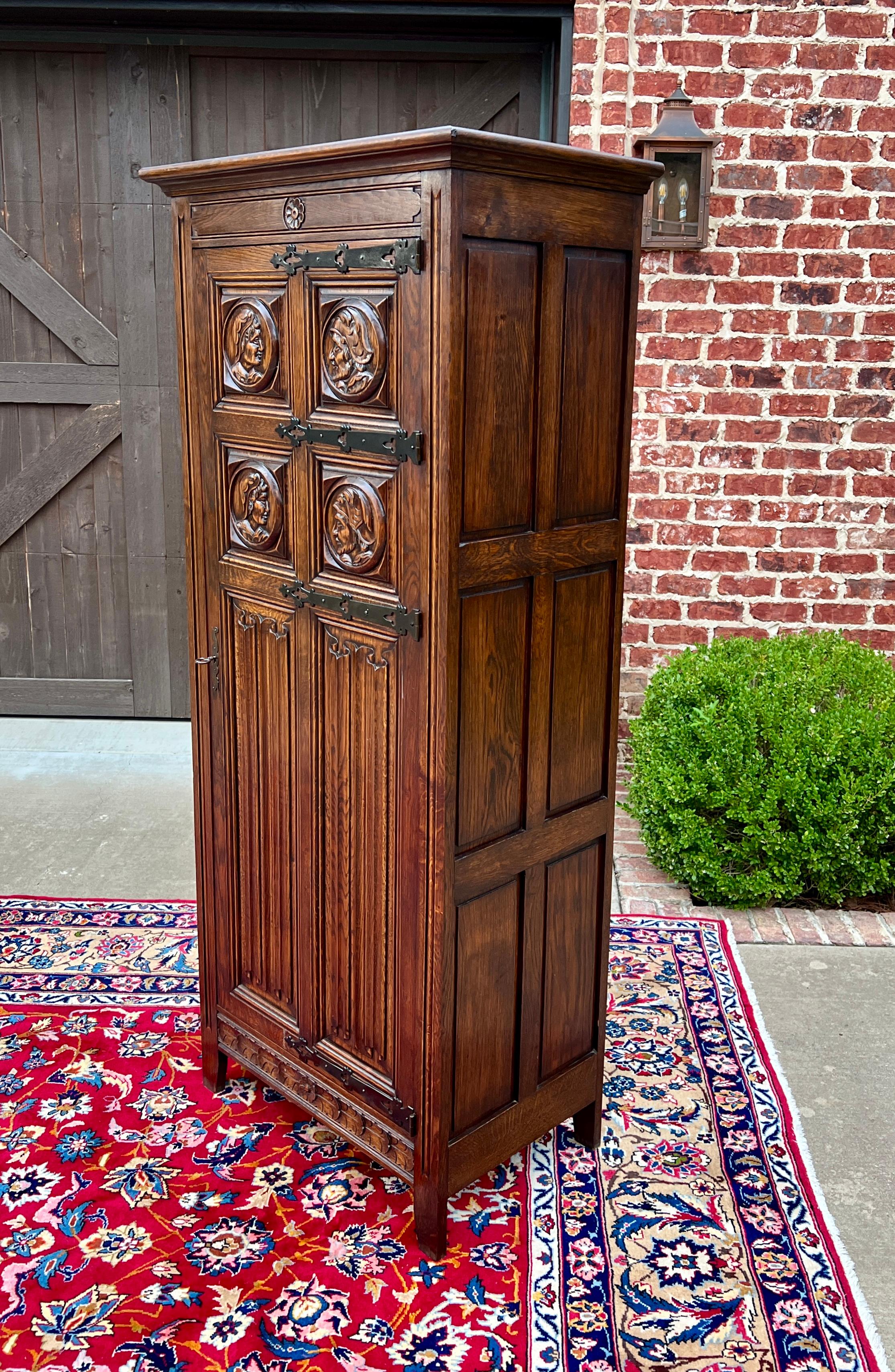 Antique French Armoire Wardrobe Cabinet Linen Closet Gothic Revival Oak c. 1920s In Good Condition In Tyler, TX
