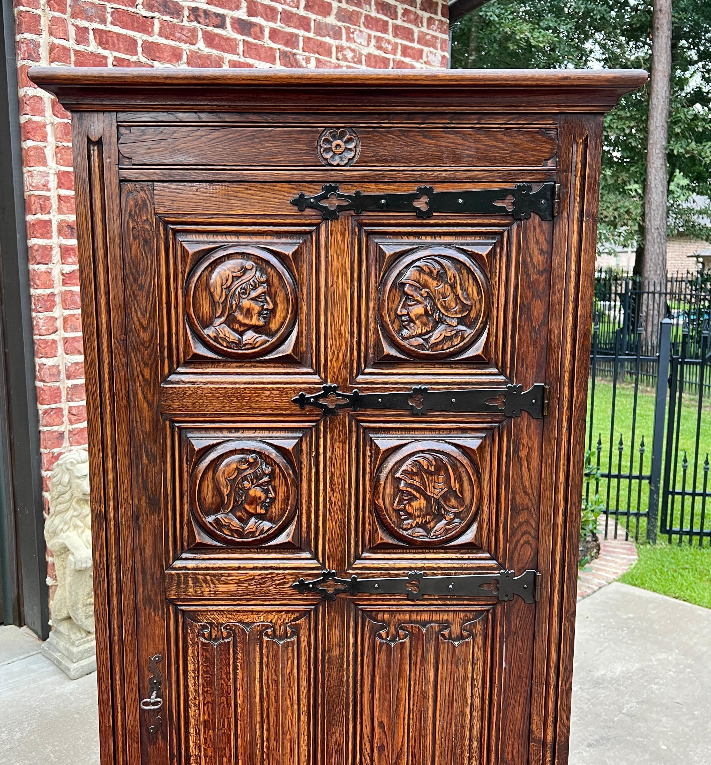 Early 20th Century Antique French Armoire Wardrobe Cabinet Linen Closet Gothic Revival Oak c. 1920s