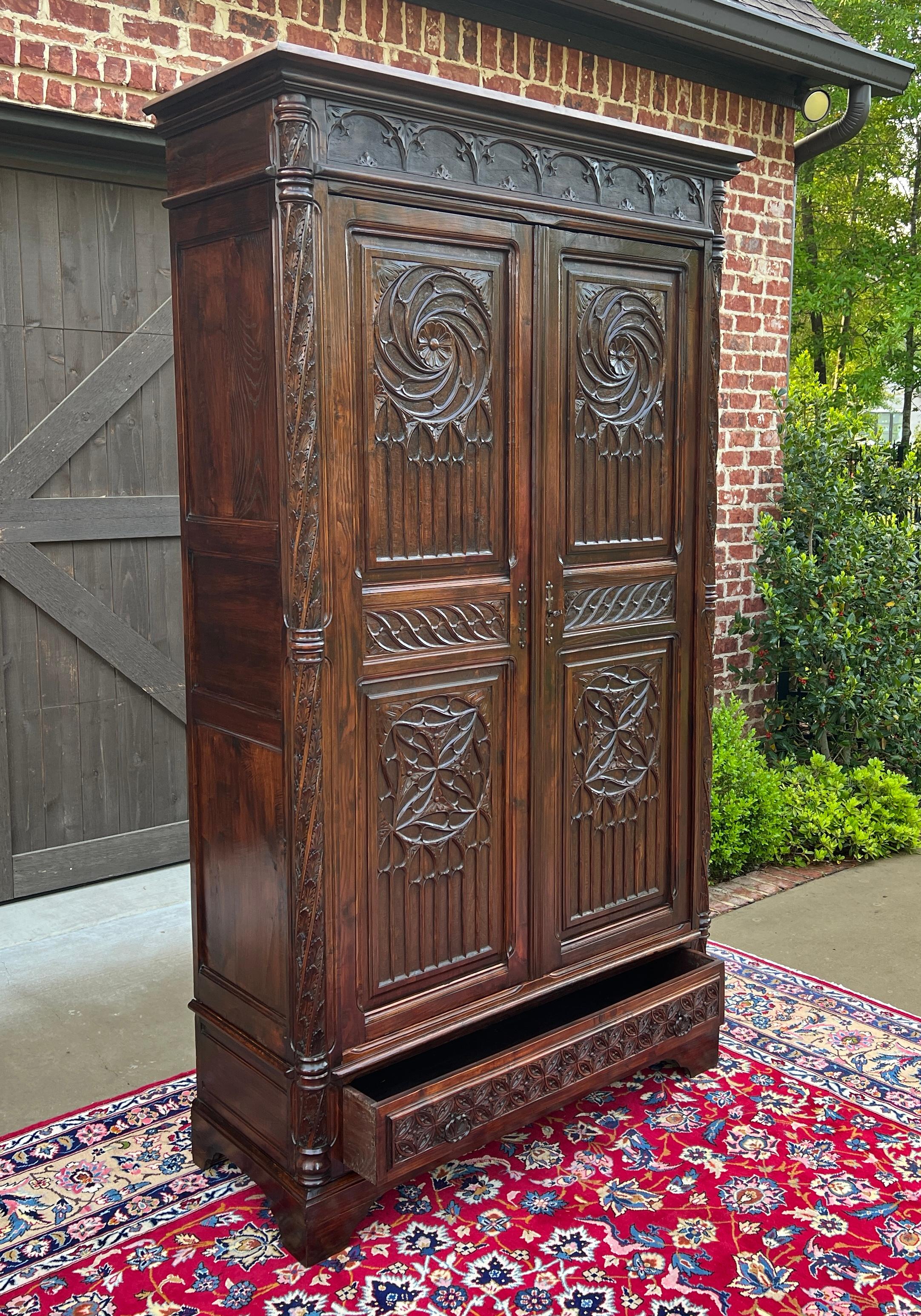 Antique French Armoire Wardrobe Cabinet Linen Storage Gothic Revival Oak c. 1880 5