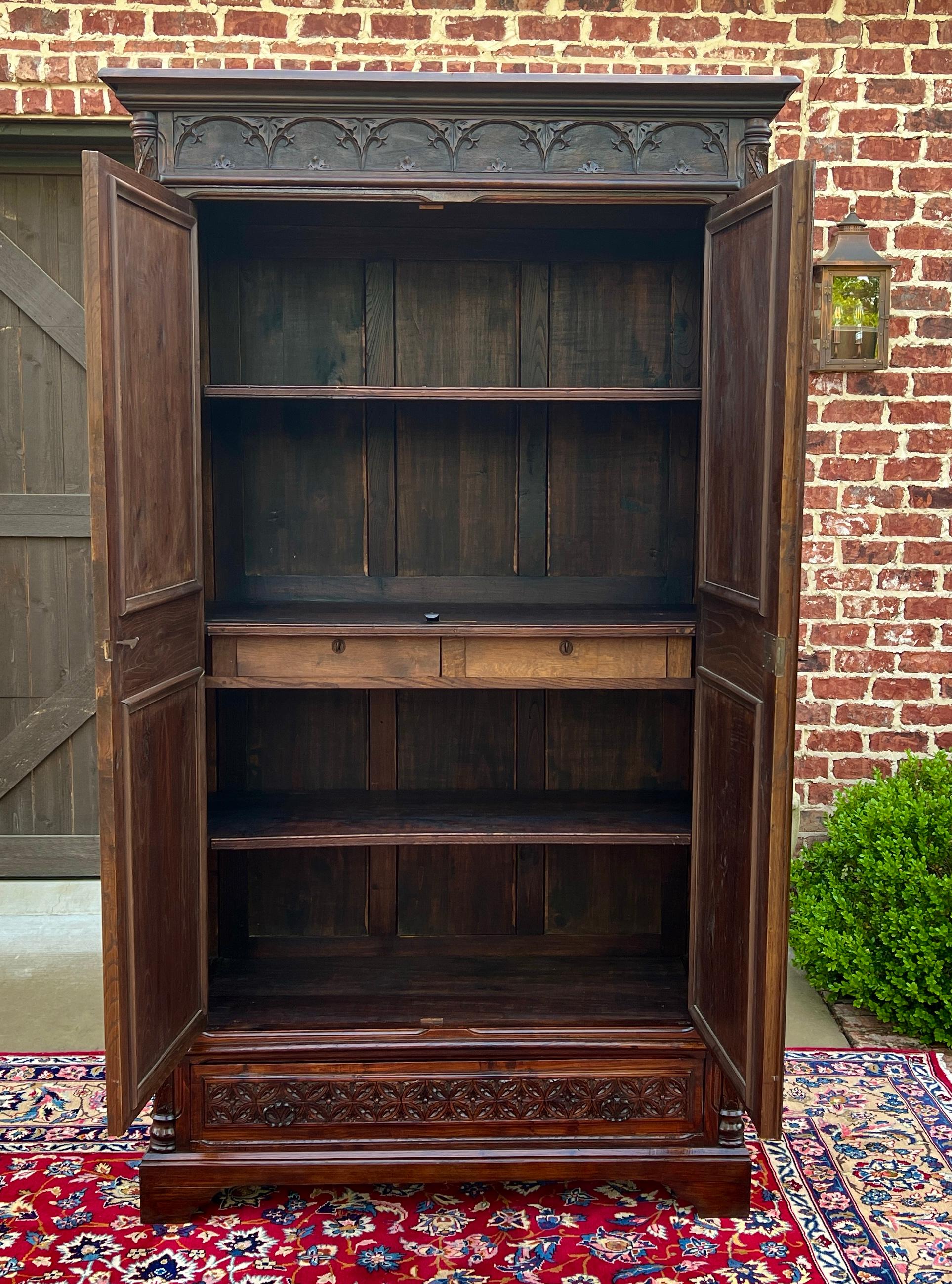 Antique French Armoire Wardrobe Cabinet Linen Storage Gothic Revival Oak c. 1880 6