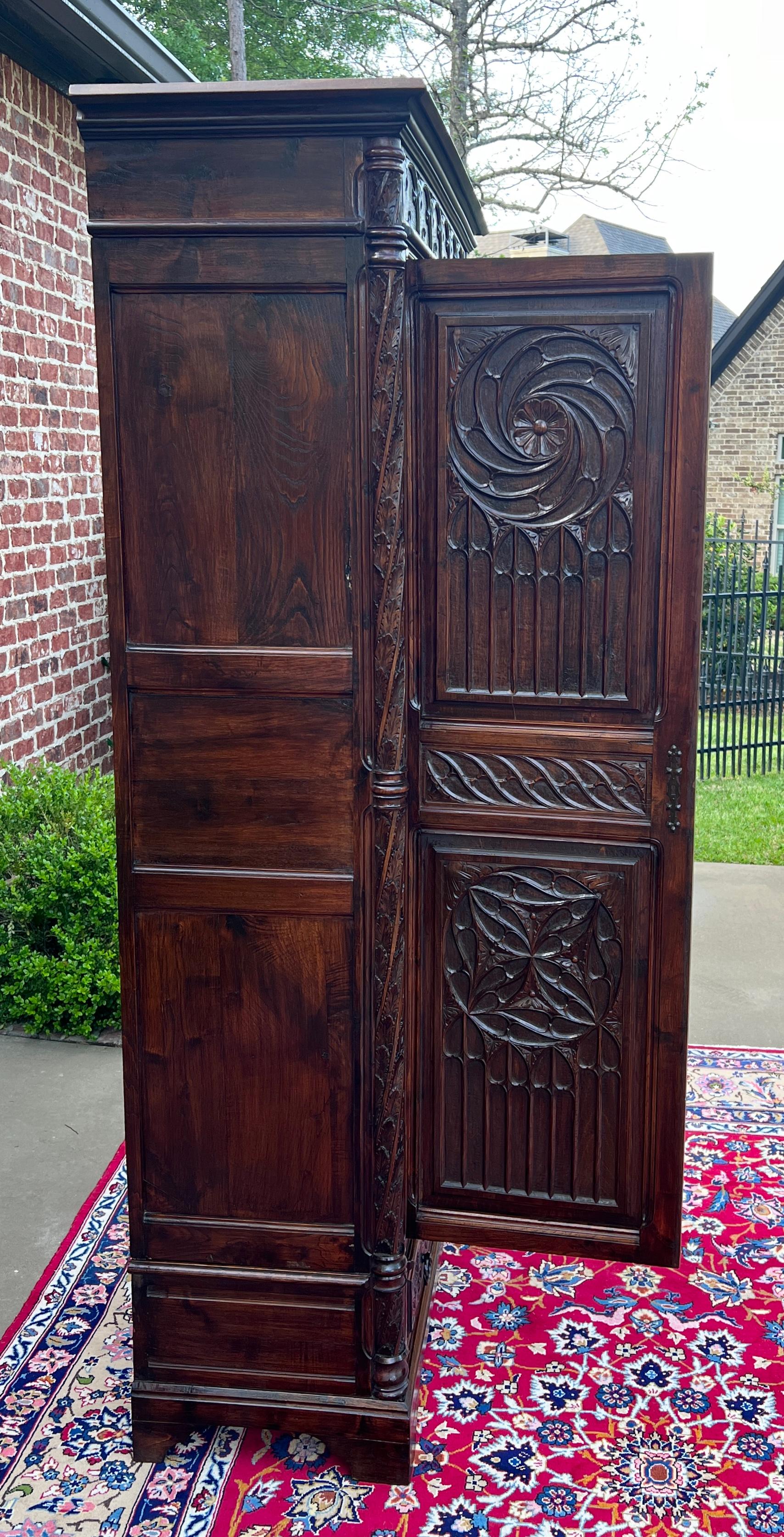 Antique French Armoire Wardrobe Cabinet Linen Storage Gothic Revival Oak c. 1880 10