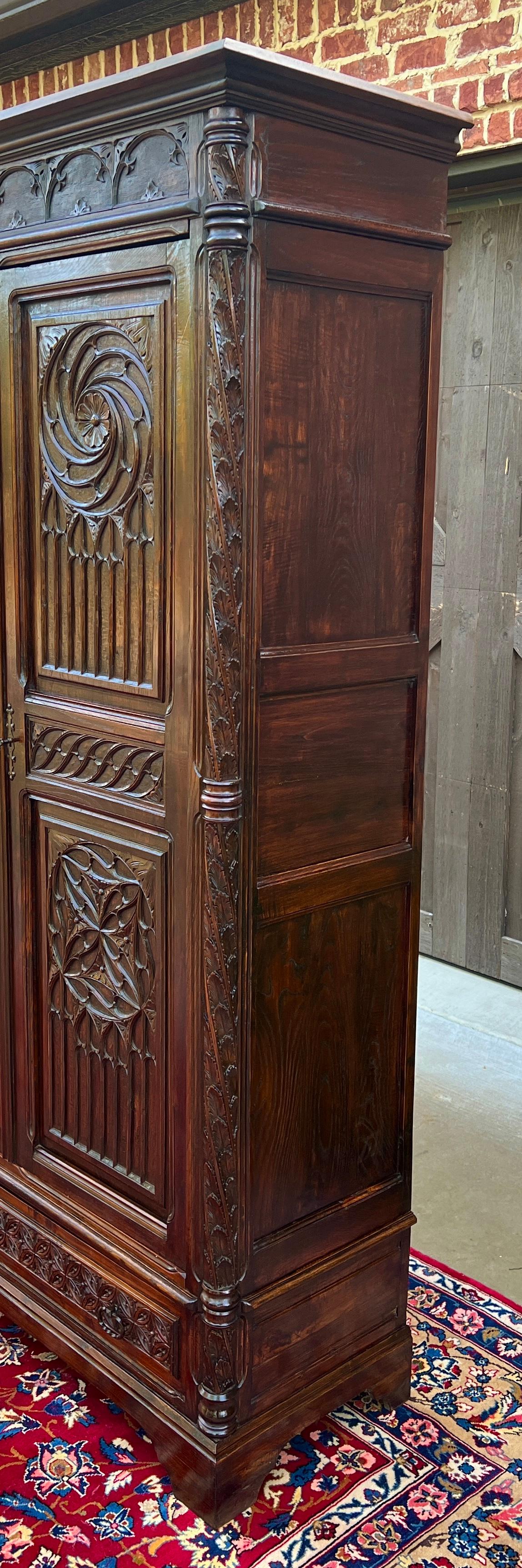 Antique French Armoire Wardrobe Cabinet Linen Storage Gothic Revival Oak c. 1880 11