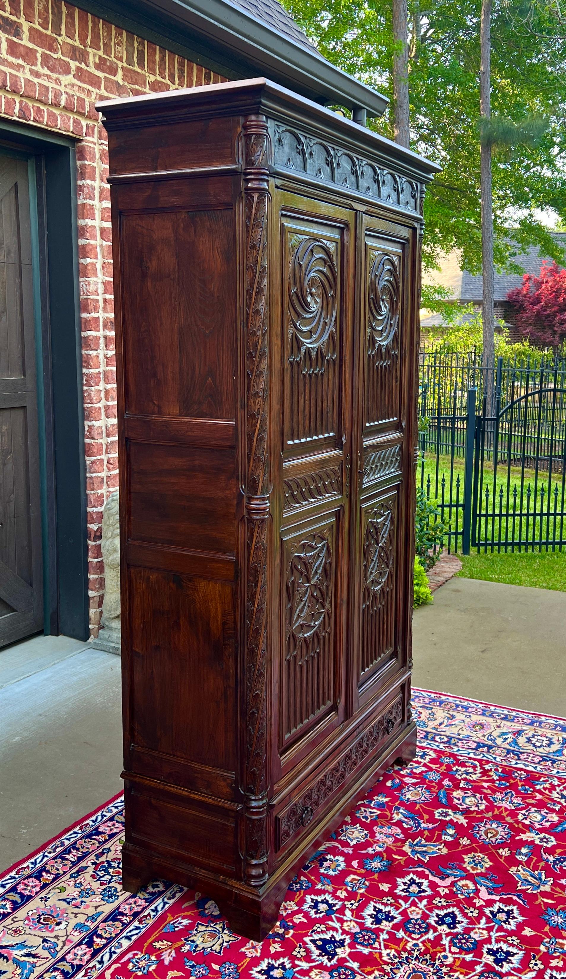 Antique French Armoire Wardrobe Cabinet Linen Storage Gothic Revival Oak c. 1880 12