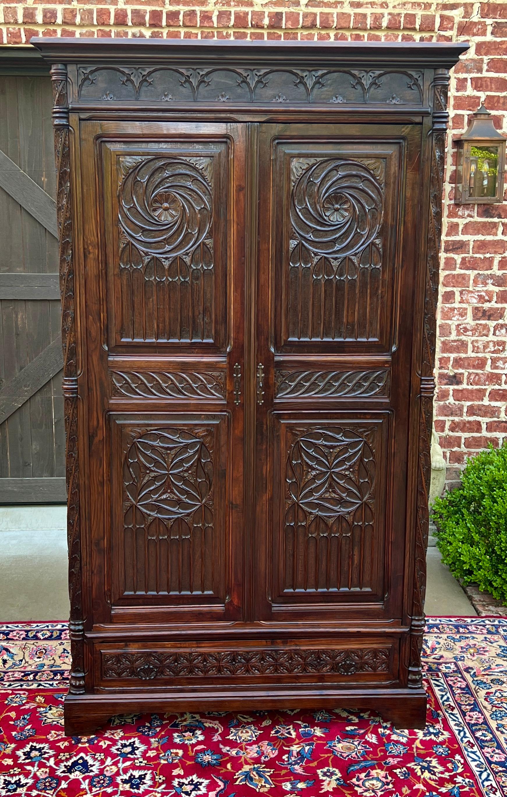 Antique French Armoire Wardrobe Cabinet Linen Storage Gothic Revival Oak c. 1880 13