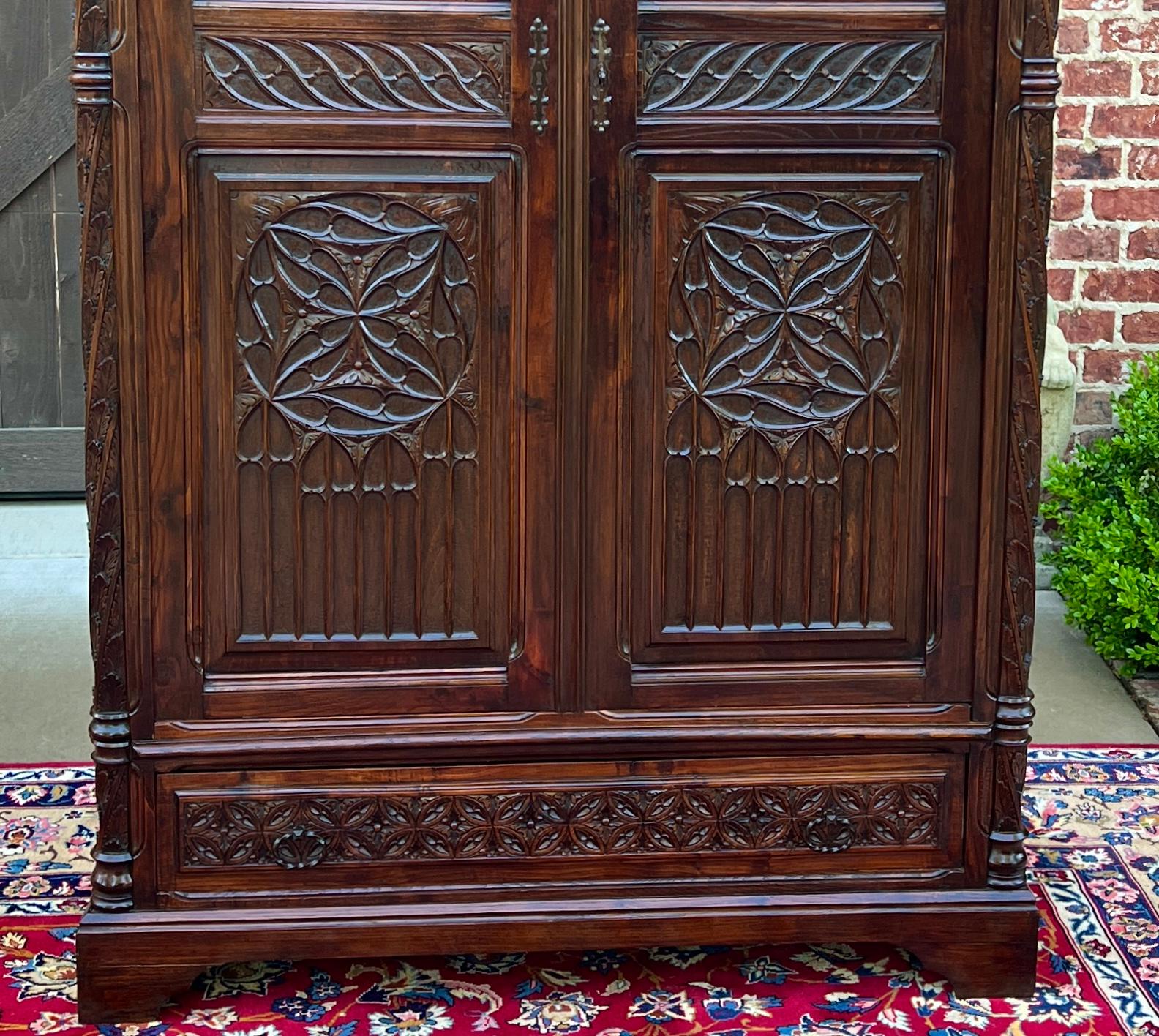 Antique French Armoire Wardrobe Cabinet Linen Storage Gothic Revival Oak c. 1880 14