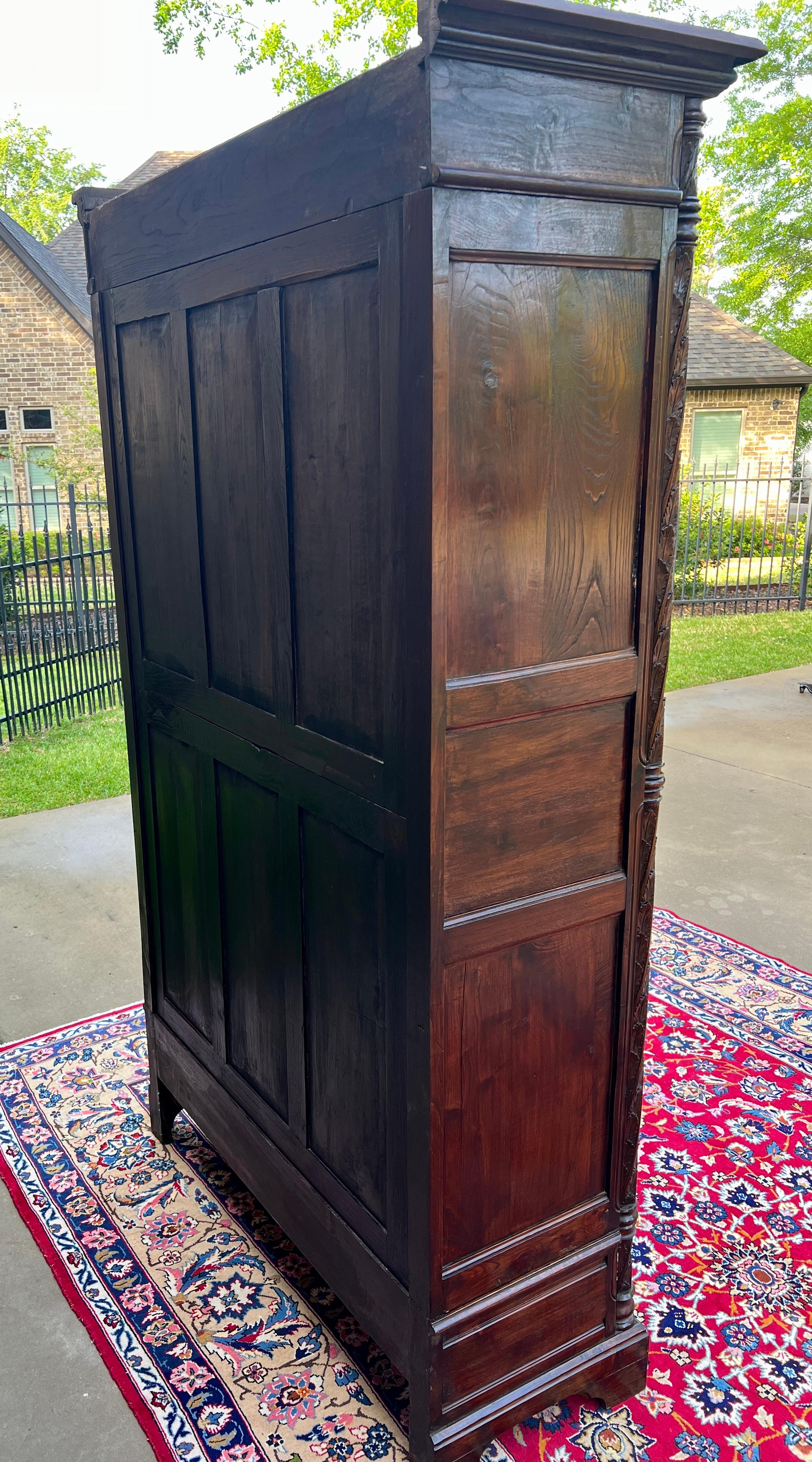 Antique French Armoire Wardrobe Cabinet Linen Storage Gothic Revival Oak c. 1880 15