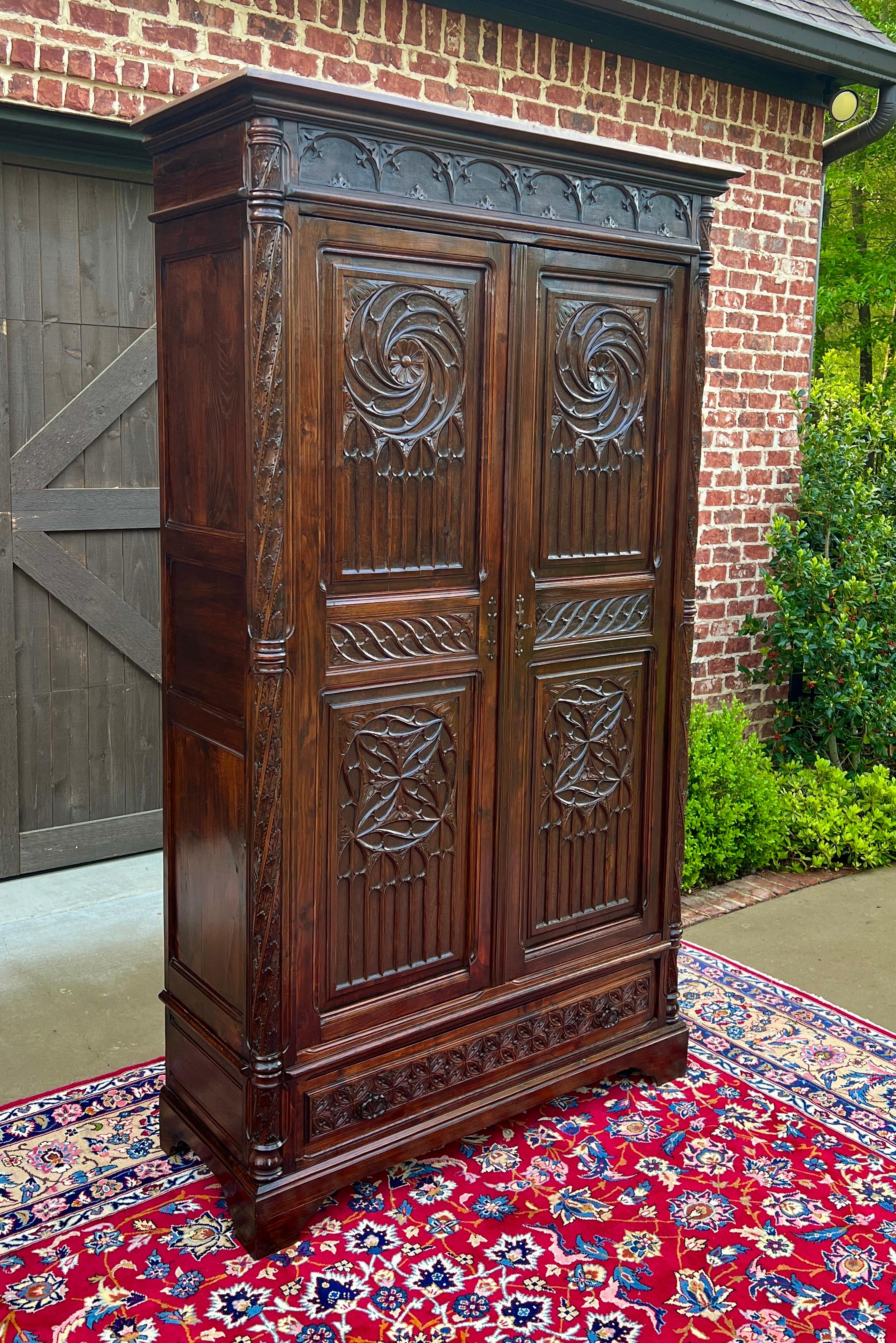 Carved Antique French Armoire Wardrobe Cabinet Linen Storage Gothic Revival Oak c. 1880