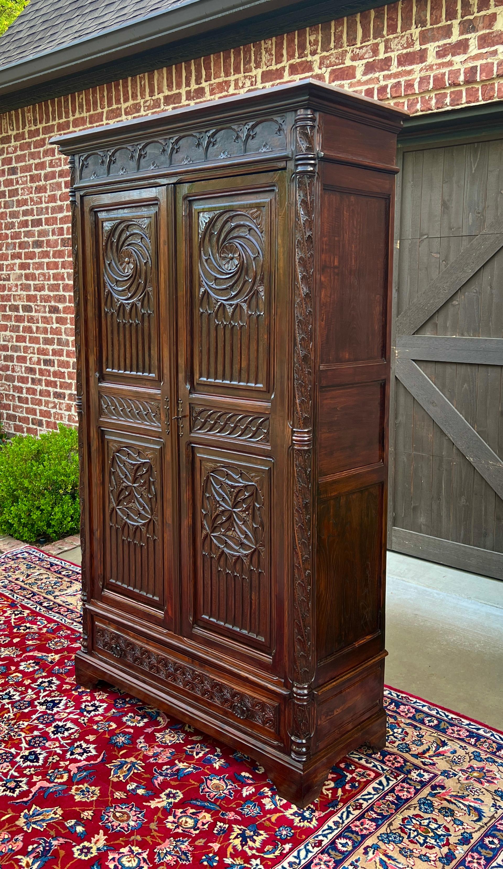 19th Century Antique French Armoire Wardrobe Cabinet Linen Storage Gothic Revival Oak c. 1880