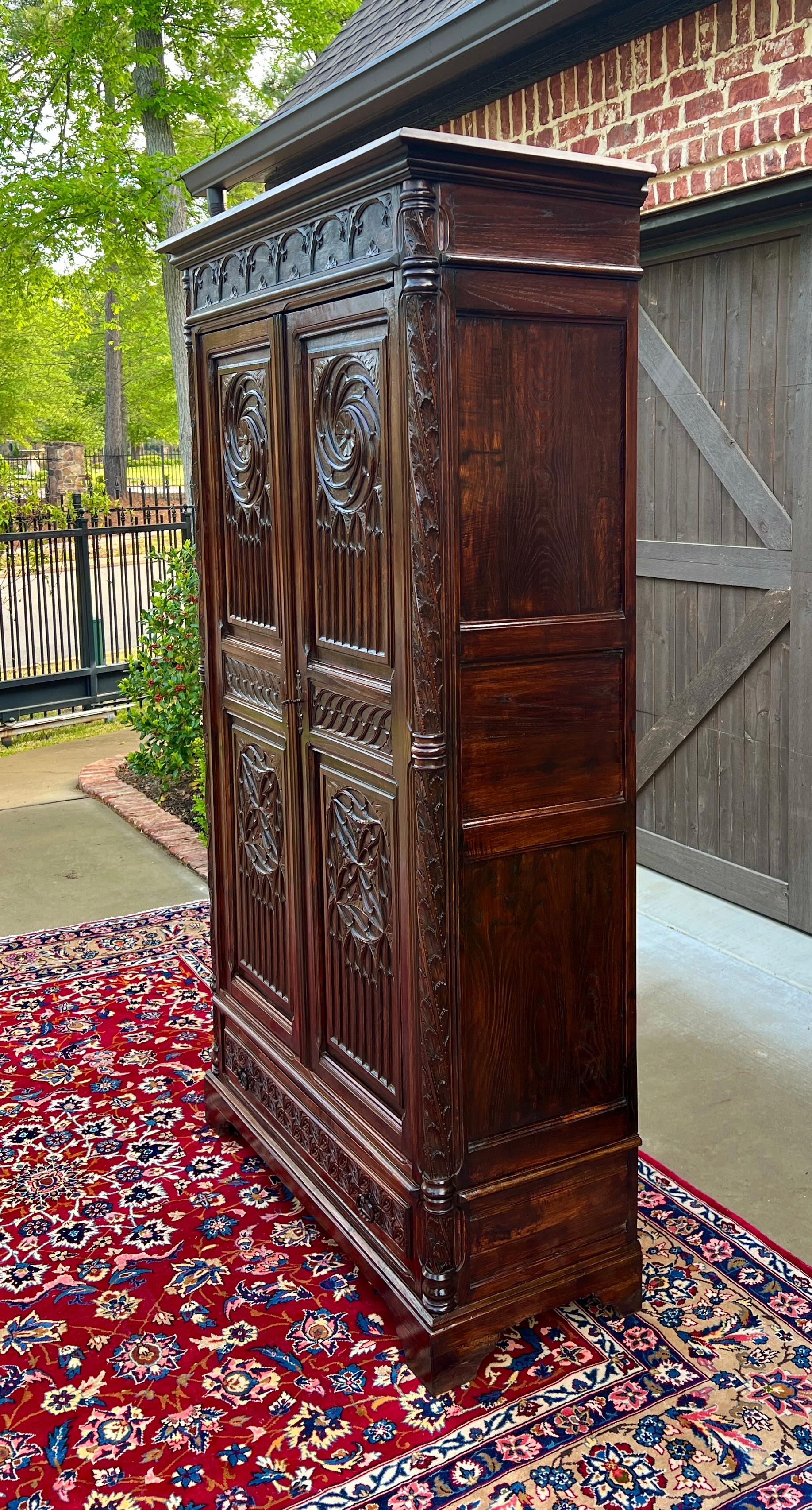 Antique French Armoire Wardrobe Cabinet Linen Storage Gothic Revival Oak c. 1880 1