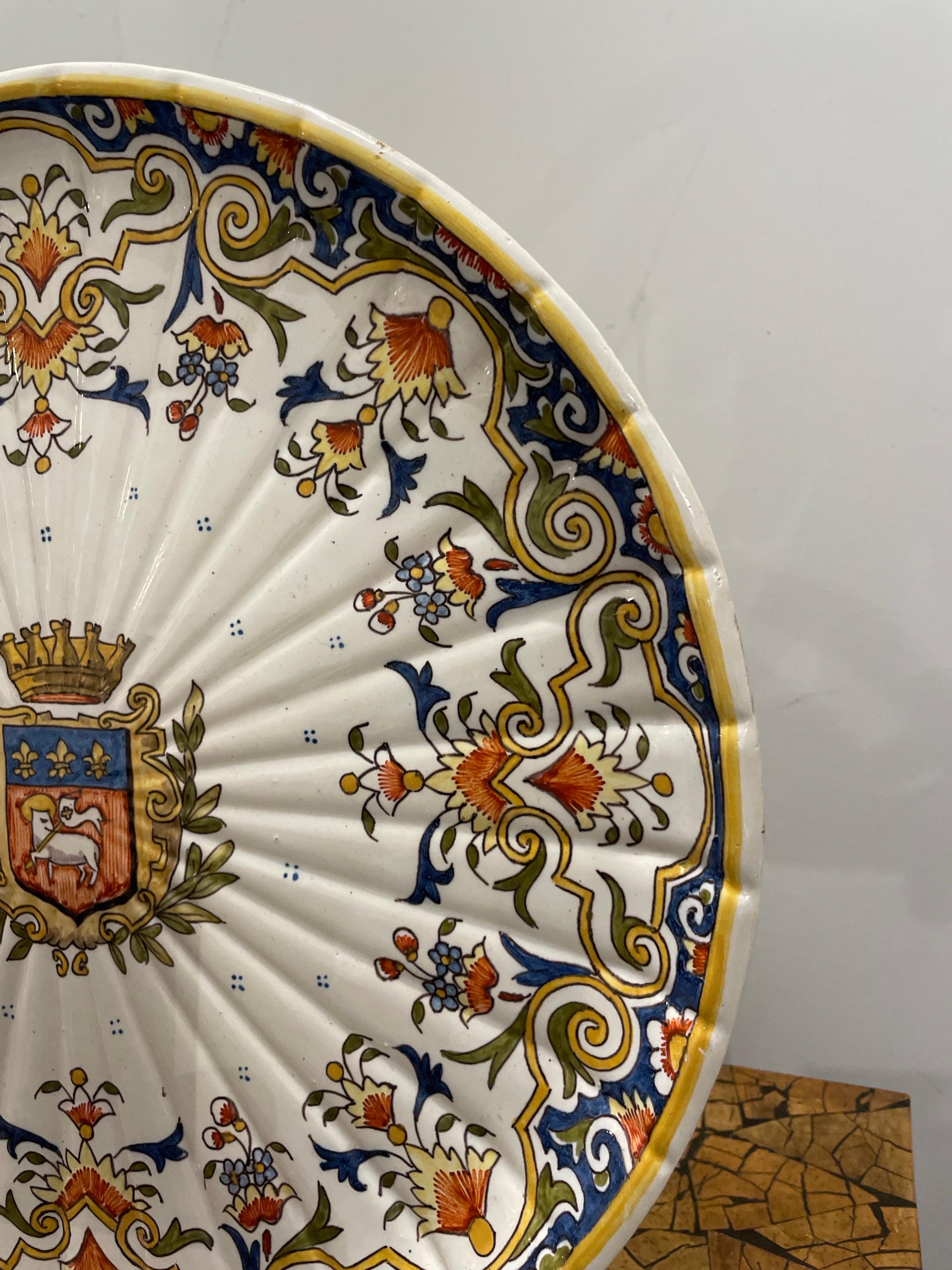19th Century Antique French Armorial Charger from Rouen For Sale
