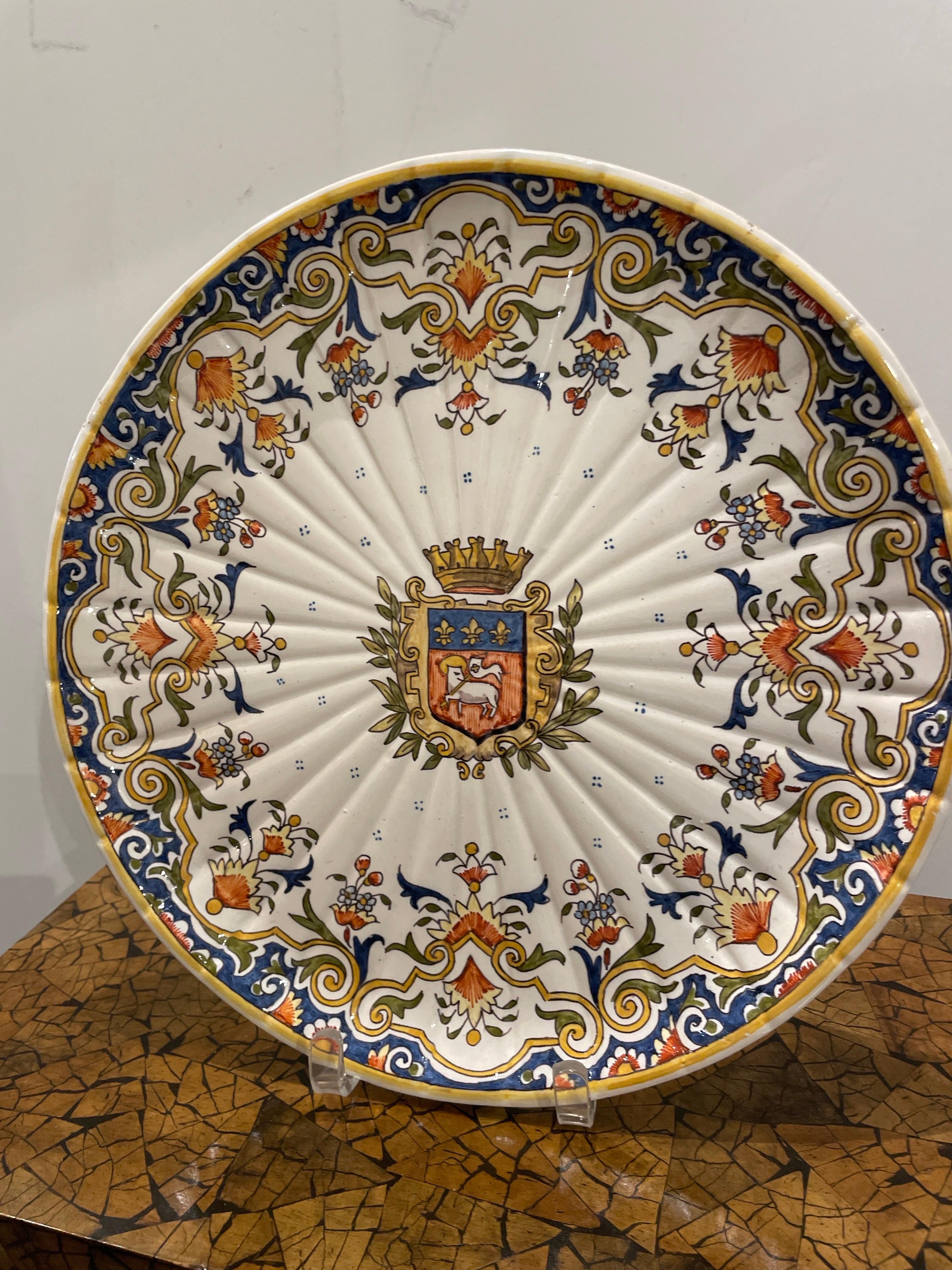 Pottery Antique French Armorial Charger from Rouen For Sale