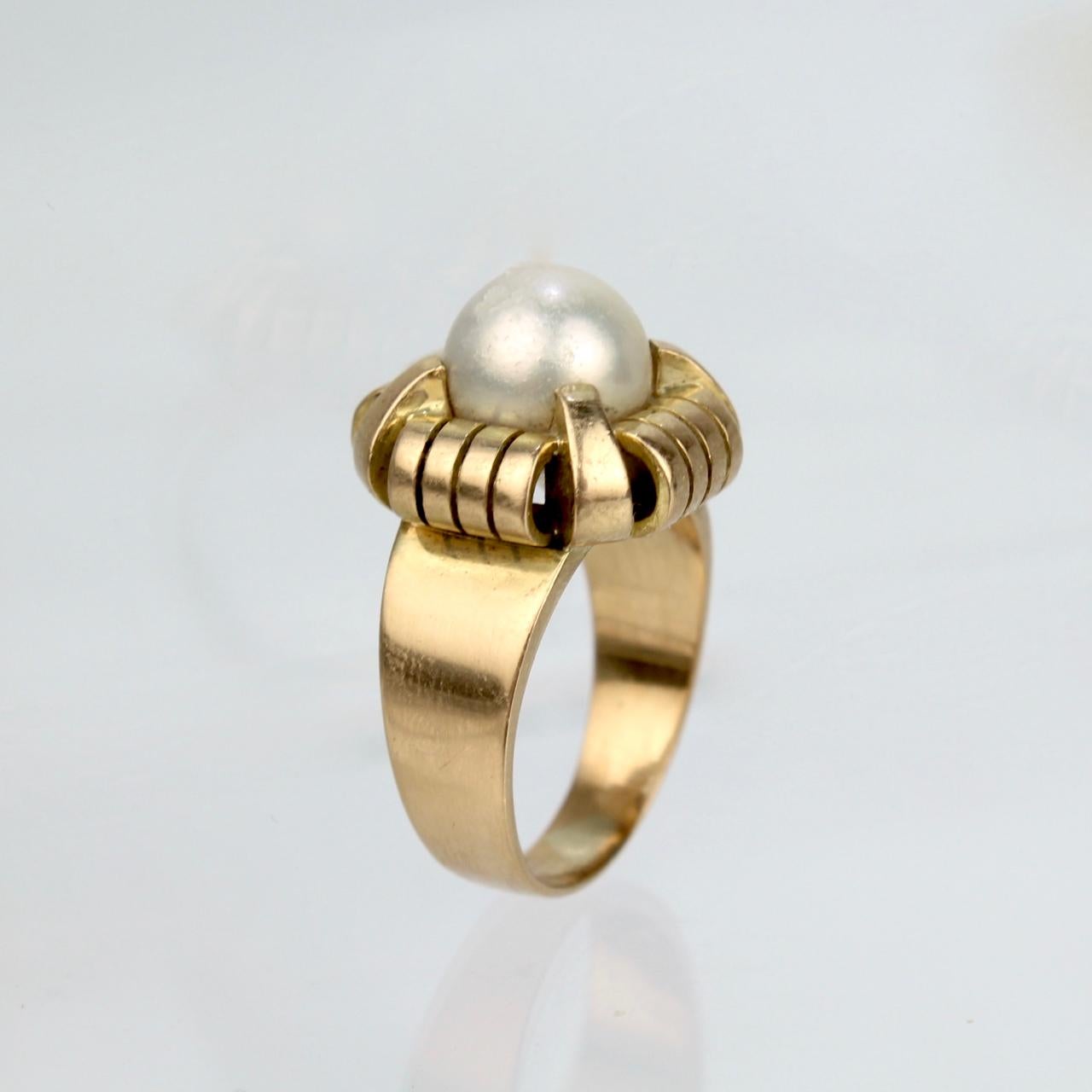 Antique French Art Deco 18 Karat Gold & Pearl Cocktail Ring For Sale 3