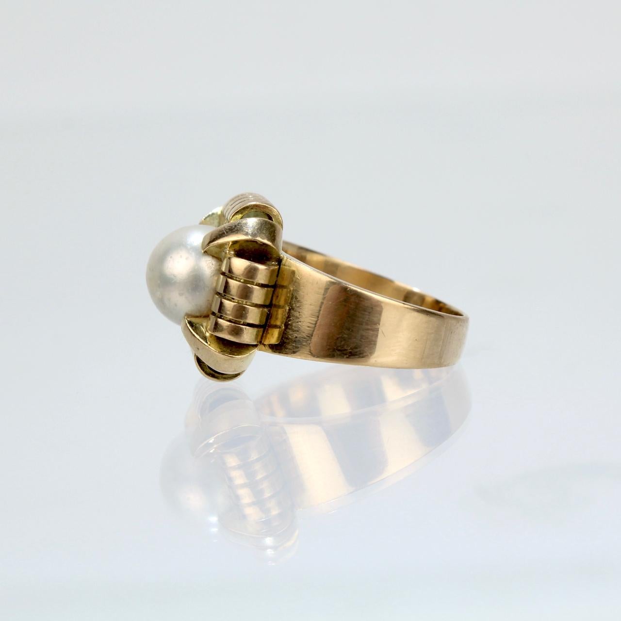 Round Cut Antique French Art Deco 18 Karat Gold & Pearl Cocktail Ring For Sale
