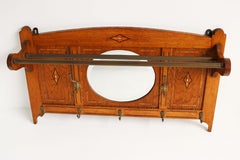 Antique French Art Deco 1920 Coat Rack Beveled Mirror Inlaid Mother of Pearl Oak