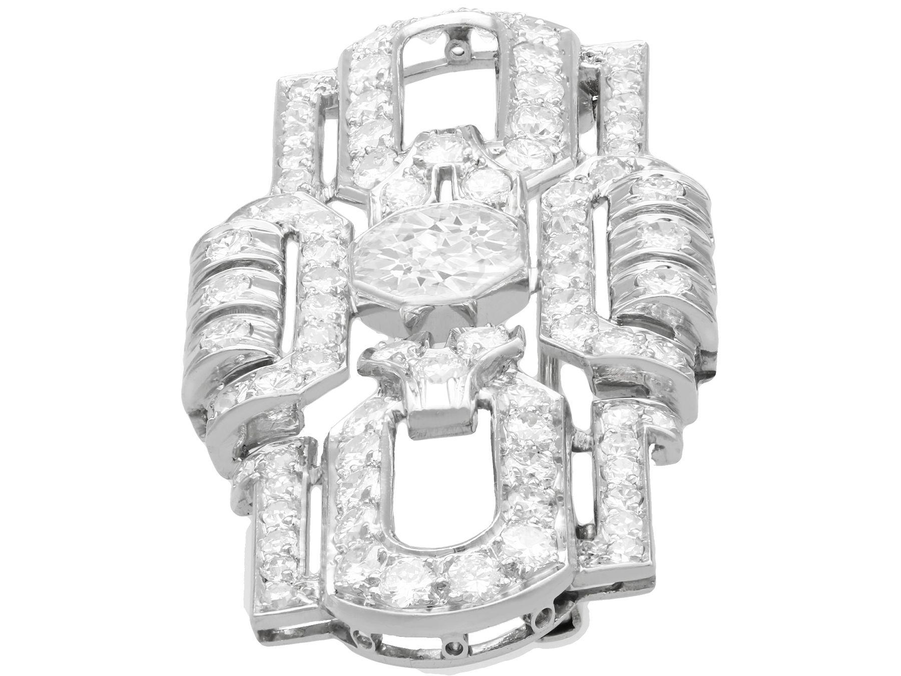 Old European Cut Antique French Art Deco 5.44 Carat Diamond and Platinum Brooch For Sale