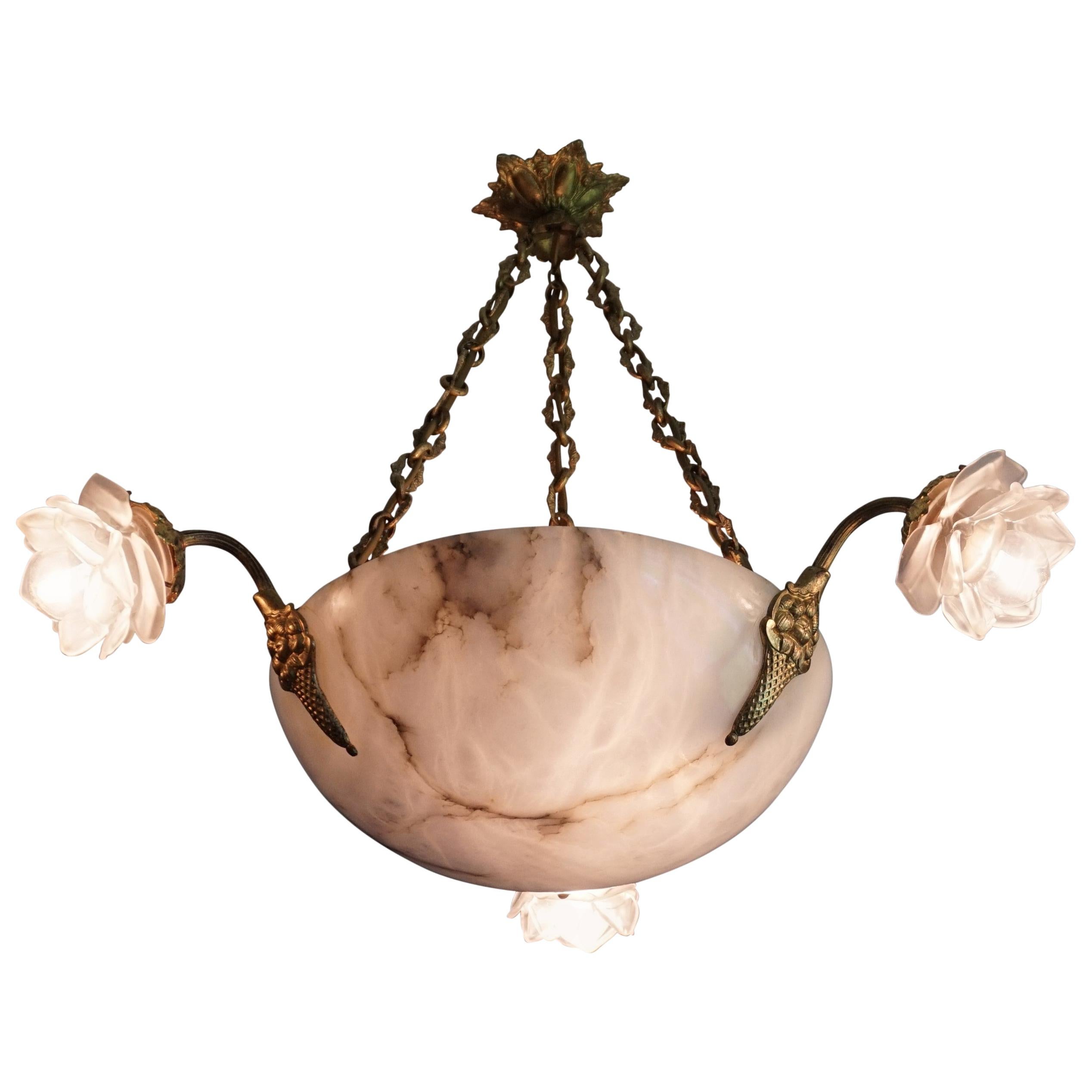 Antique French Art Deco Alabaster Gilt Bronze and Glass Roses Pendant Chandelier