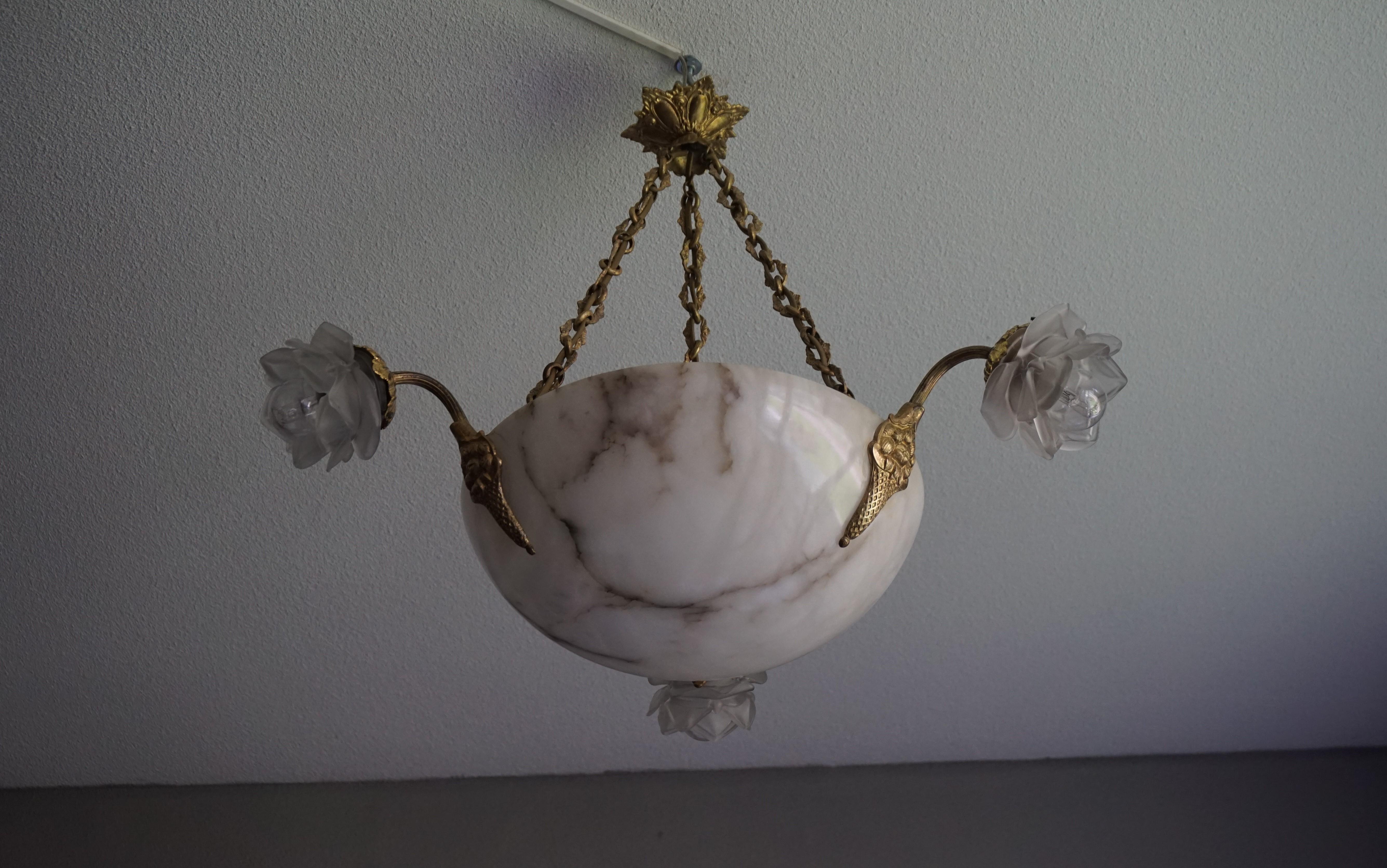 Antique French Art Deco Alabaster Gilt Bronze and Glass Roses Pendant Chandelier 9