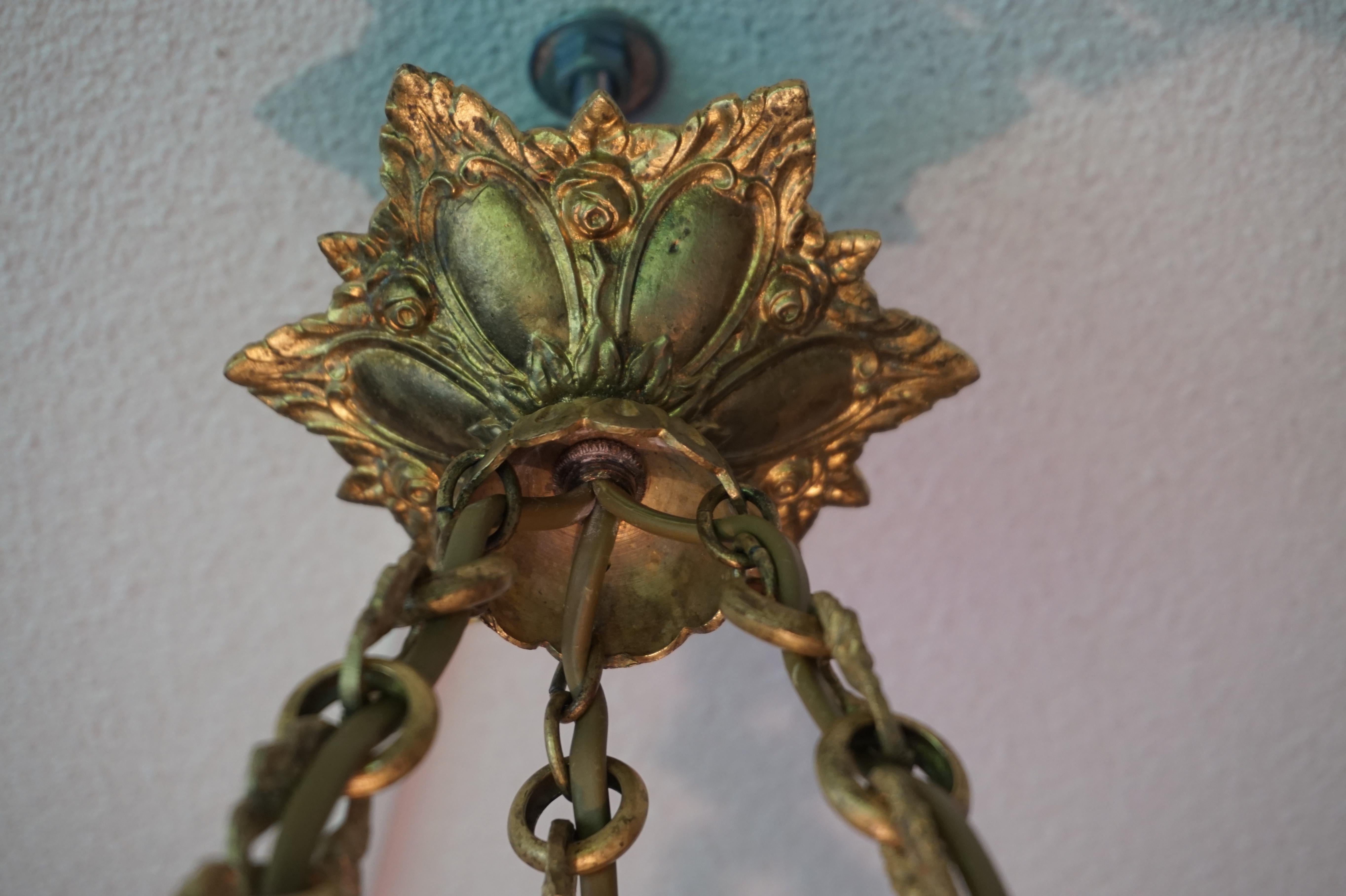 Antique French Art Deco Alabaster Gilt Bronze and Glass Roses Pendant Chandelier 13