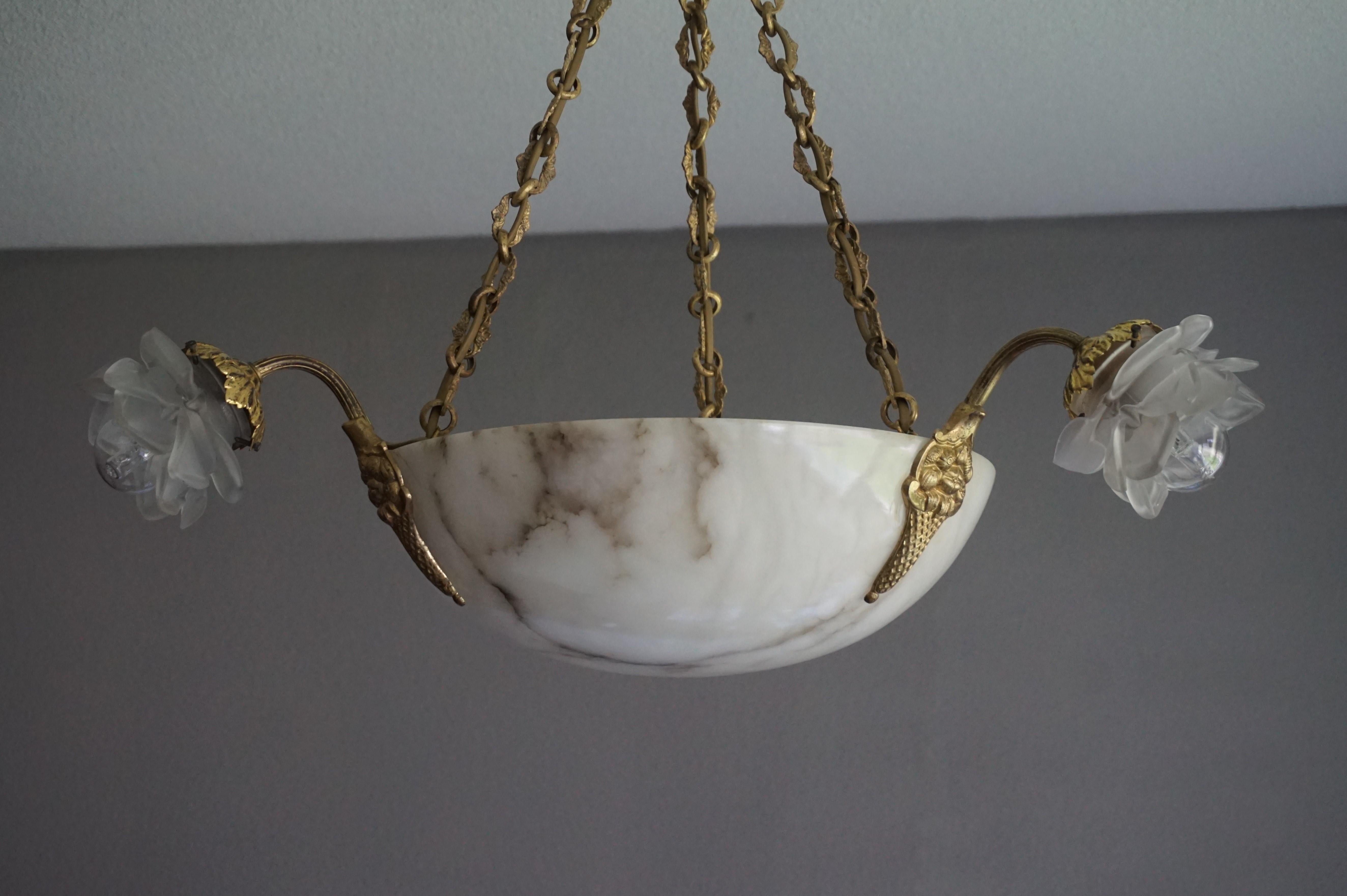 20th Century Antique French Art Deco Alabaster Gilt Bronze and Glass Roses Pendant Chandelier