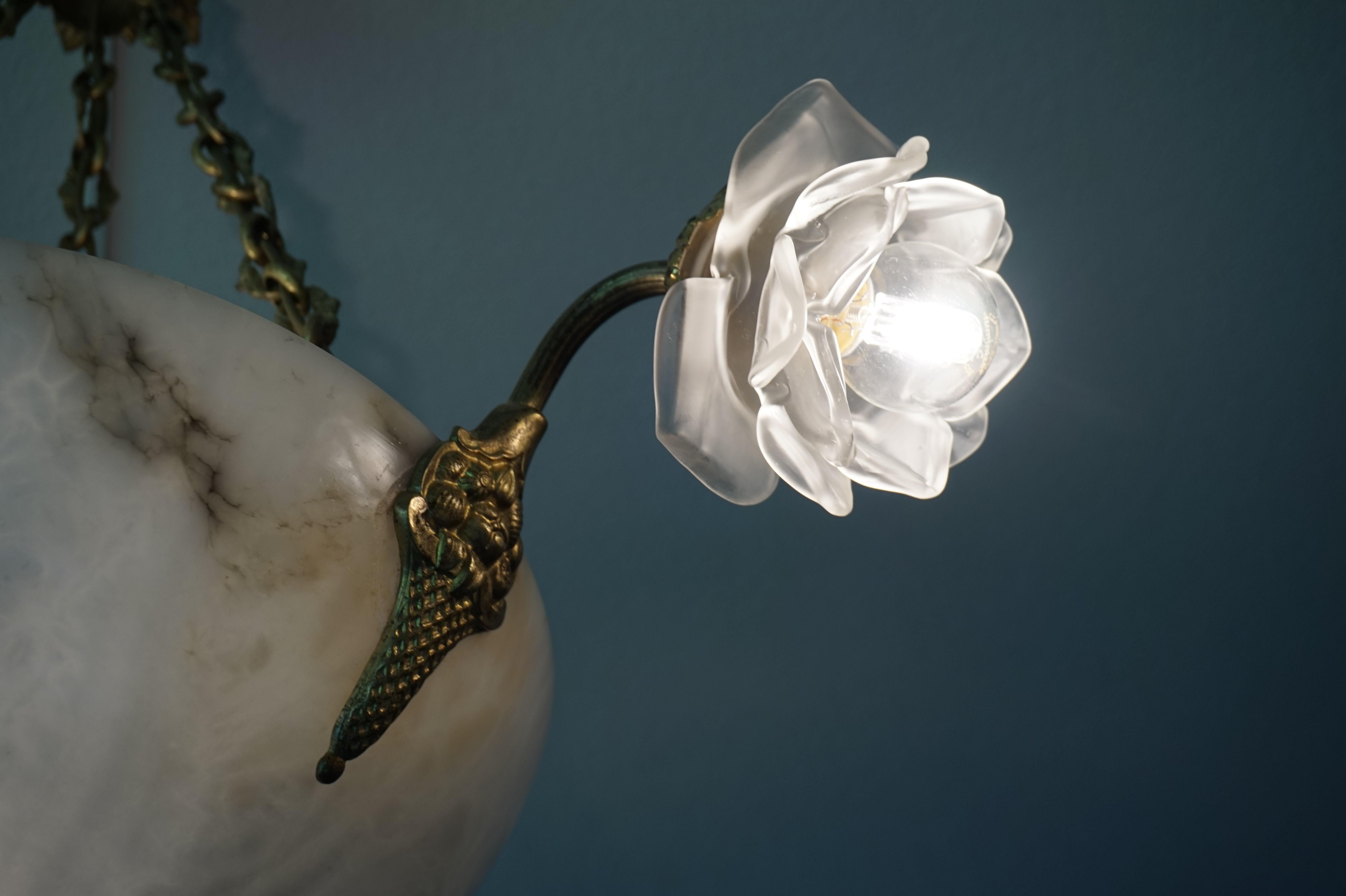 Brass Antique French Art Deco Alabaster Gilt Bronze and Glass Roses Pendant Chandelier