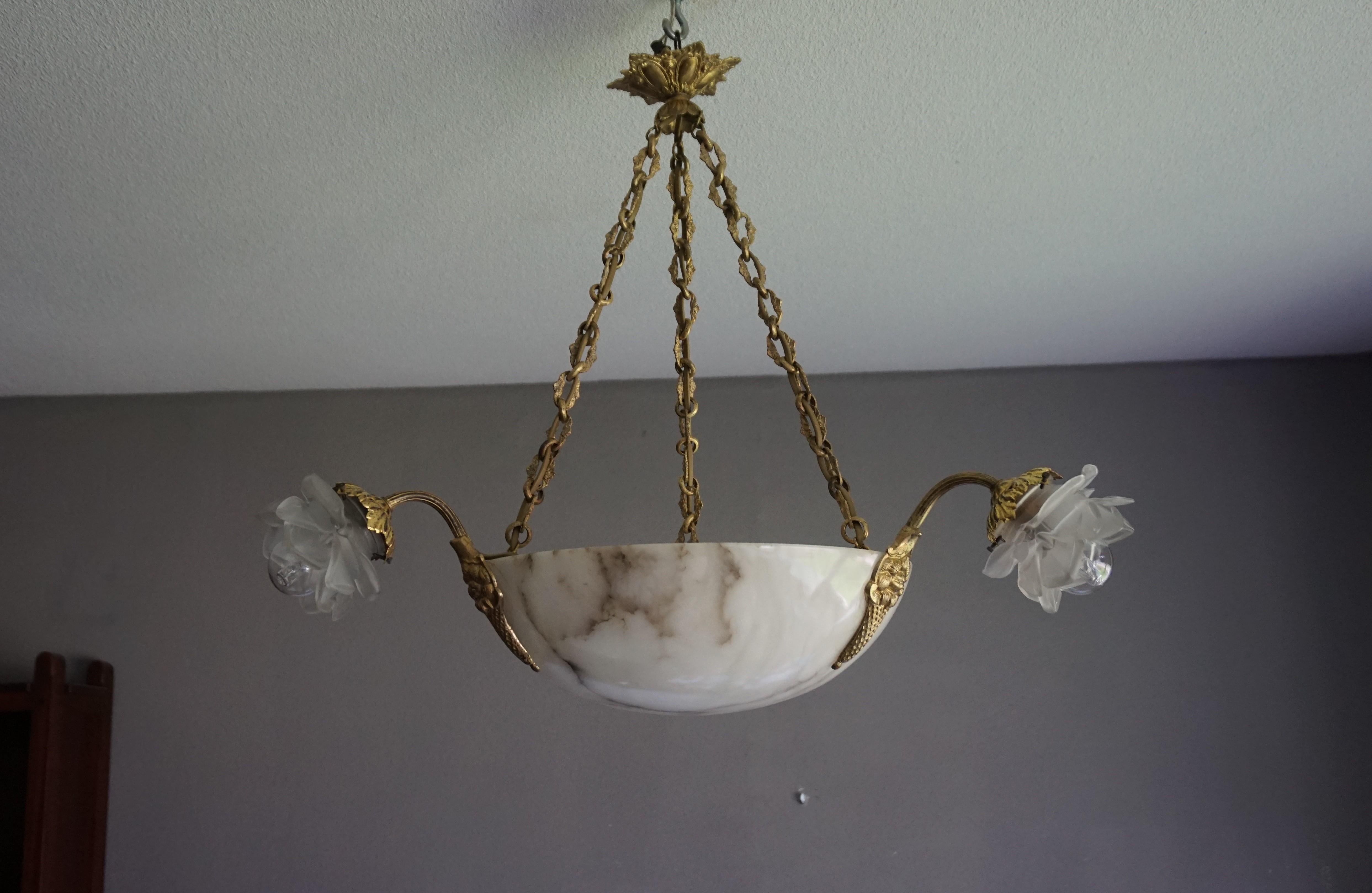 Antique French Art Deco Alabaster Gilt Bronze and Glass Roses Pendant Chandelier 2