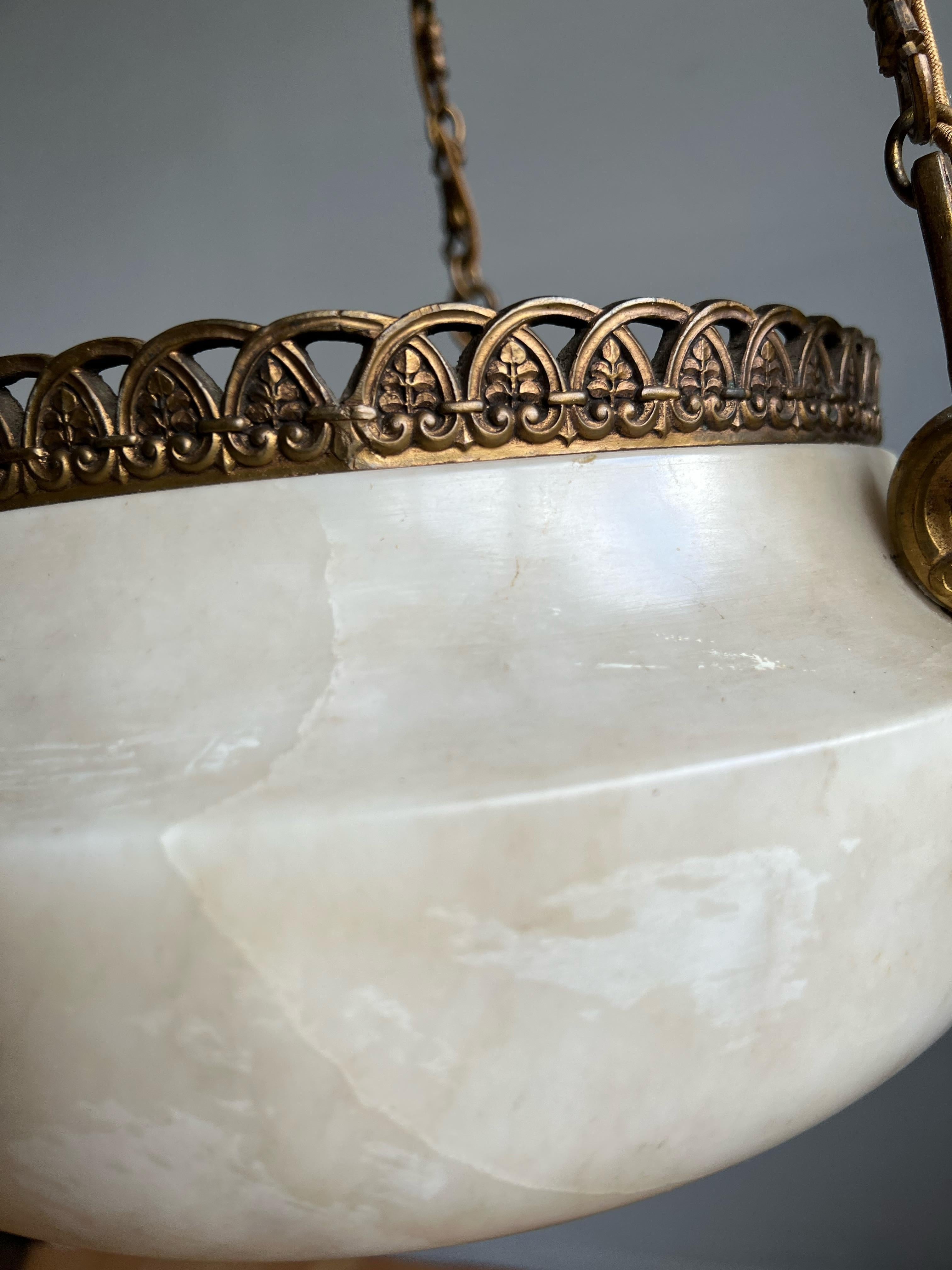 Antique French Art Deco Alabaster Pendant Light with Fine Gilt Bronze Hardware For Sale 9