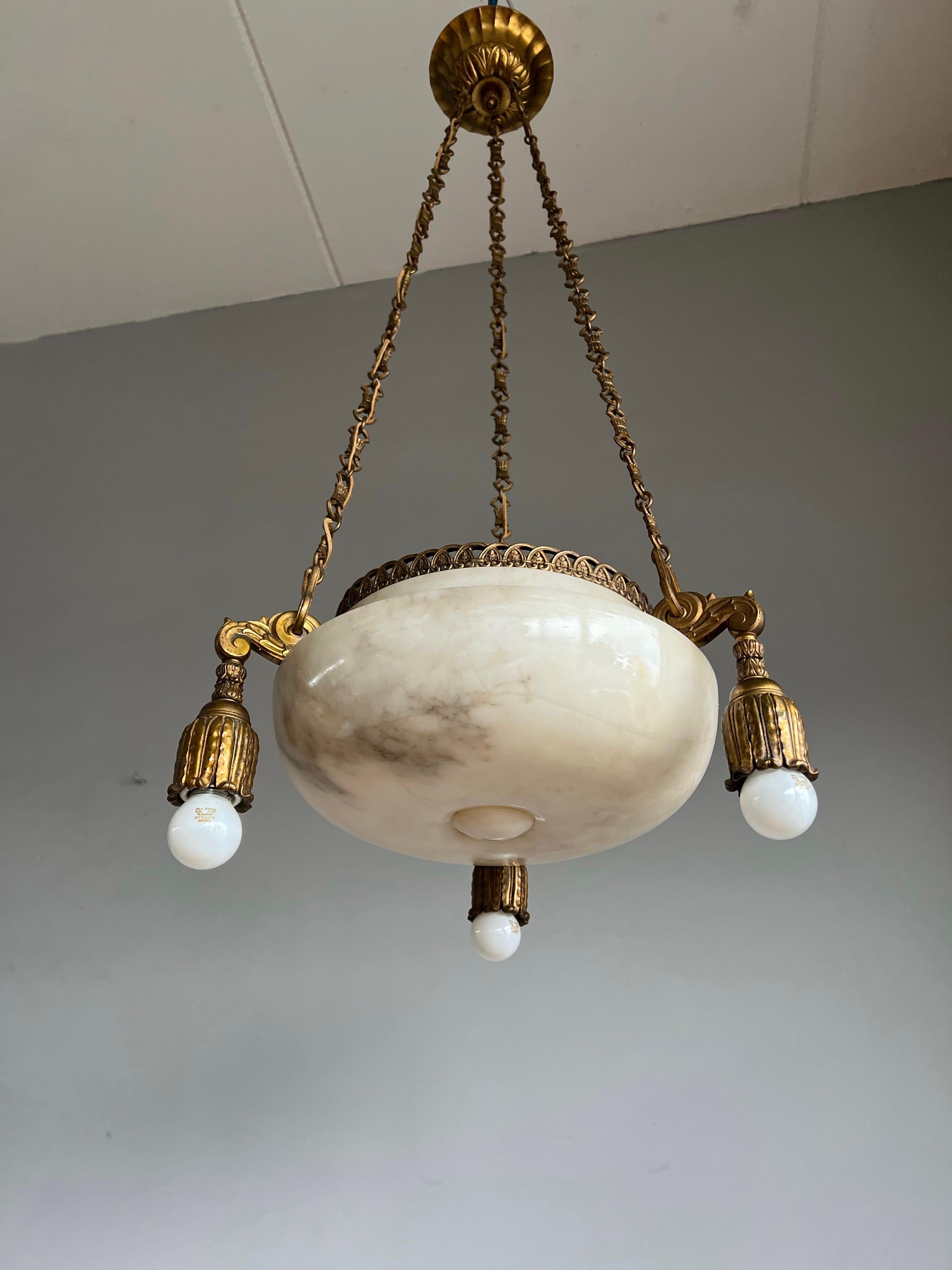 Antique French Art Deco Alabaster Pendant Light with Fine Gilt Bronze Hardware For Sale 13