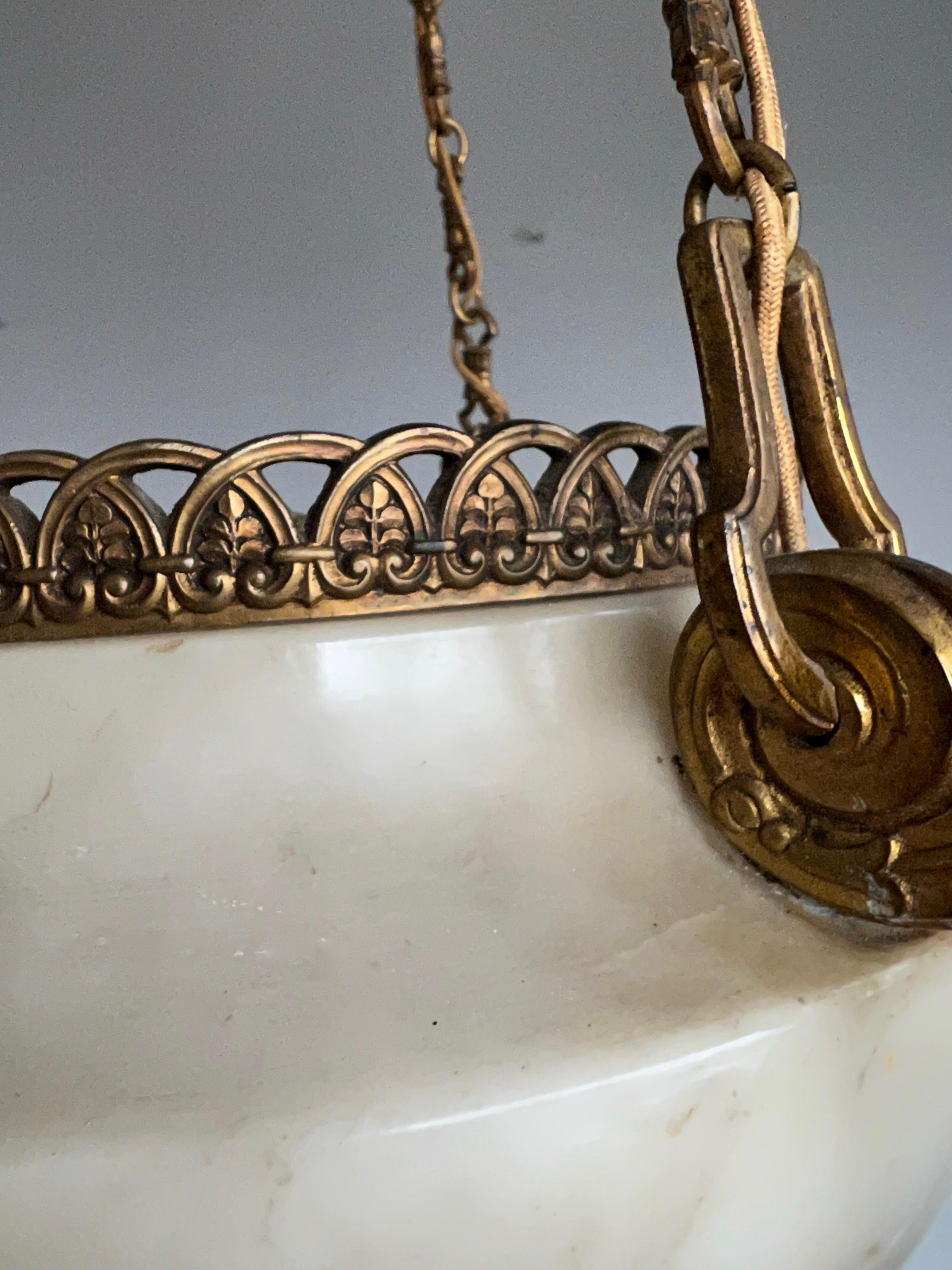 Antique French Art Deco Alabaster Pendant Light with Fine Gilt Bronze Hardware For Sale 14